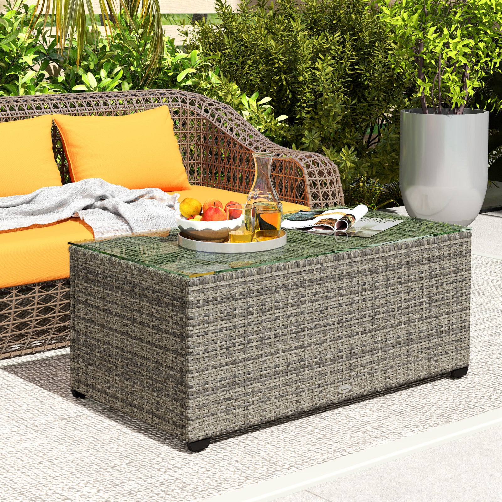 Outdoor Coffee Table, Glass Top Rattan Side Table | Dark Gray