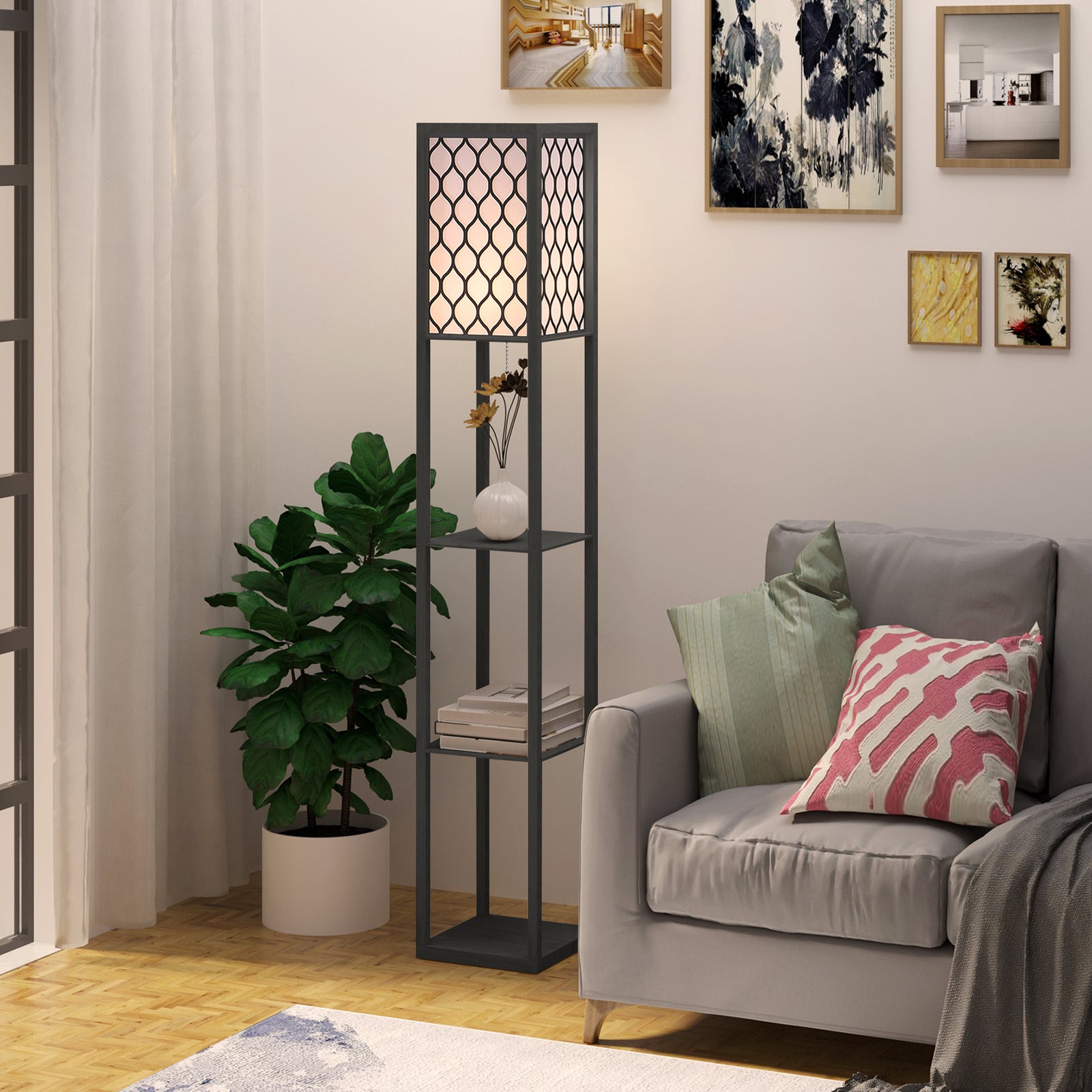 Modern Floor Lamp Light With 4 Tier Storage Shelves Fabric | One Size | Black
