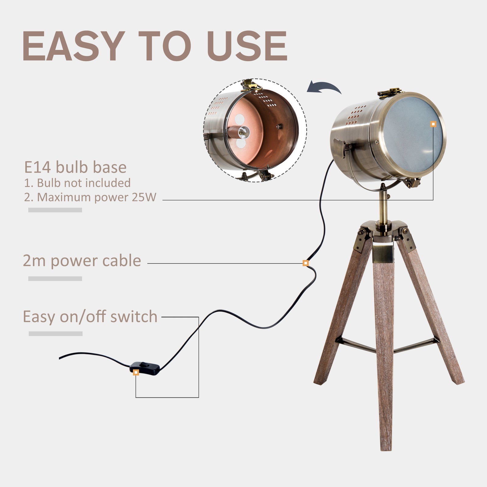 Vintage Tripod Table Desk Lamp Bedside Light Copper