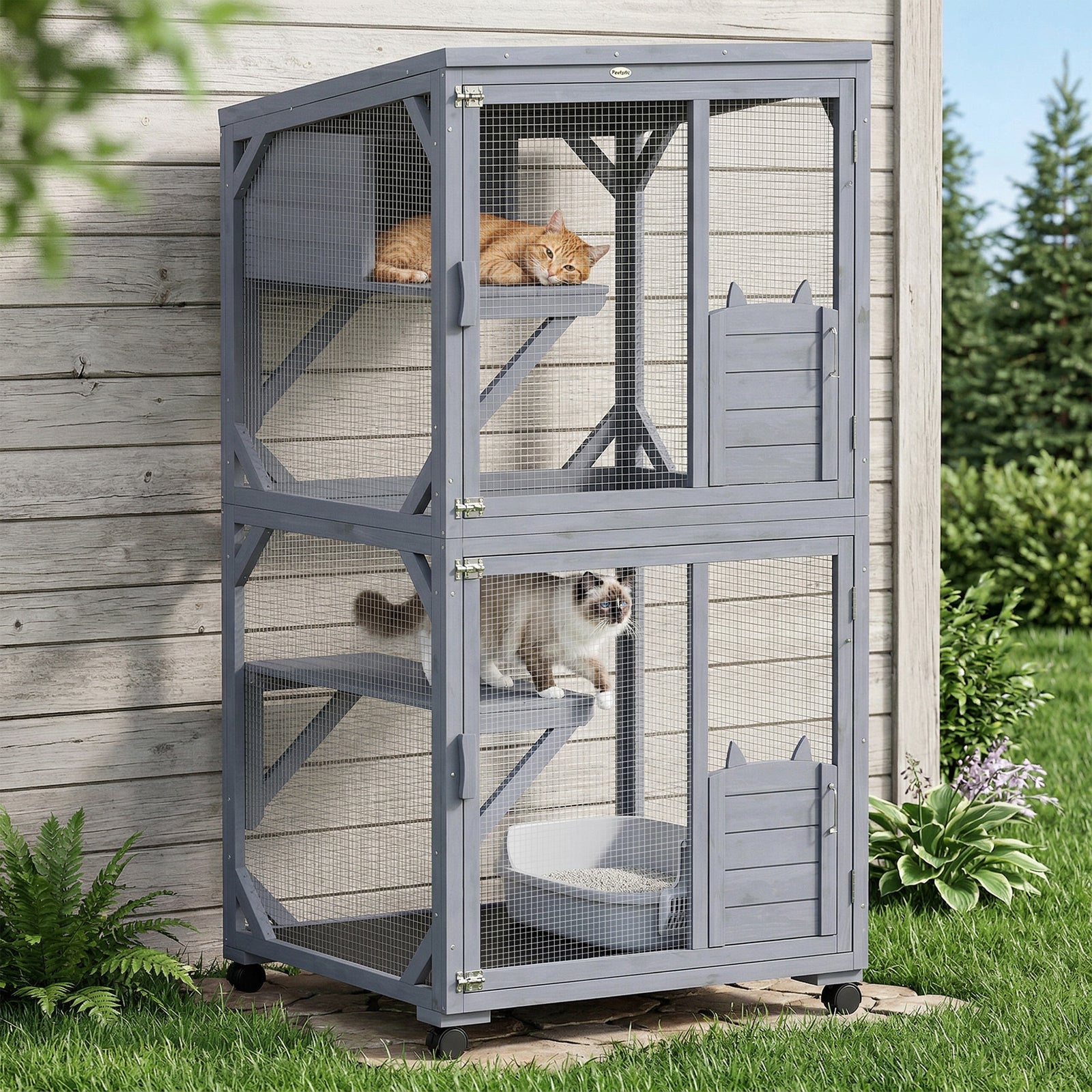 PawHut Outdoor Catio, Wooden Cat House On Exercise Wheels Indoor Outdoor