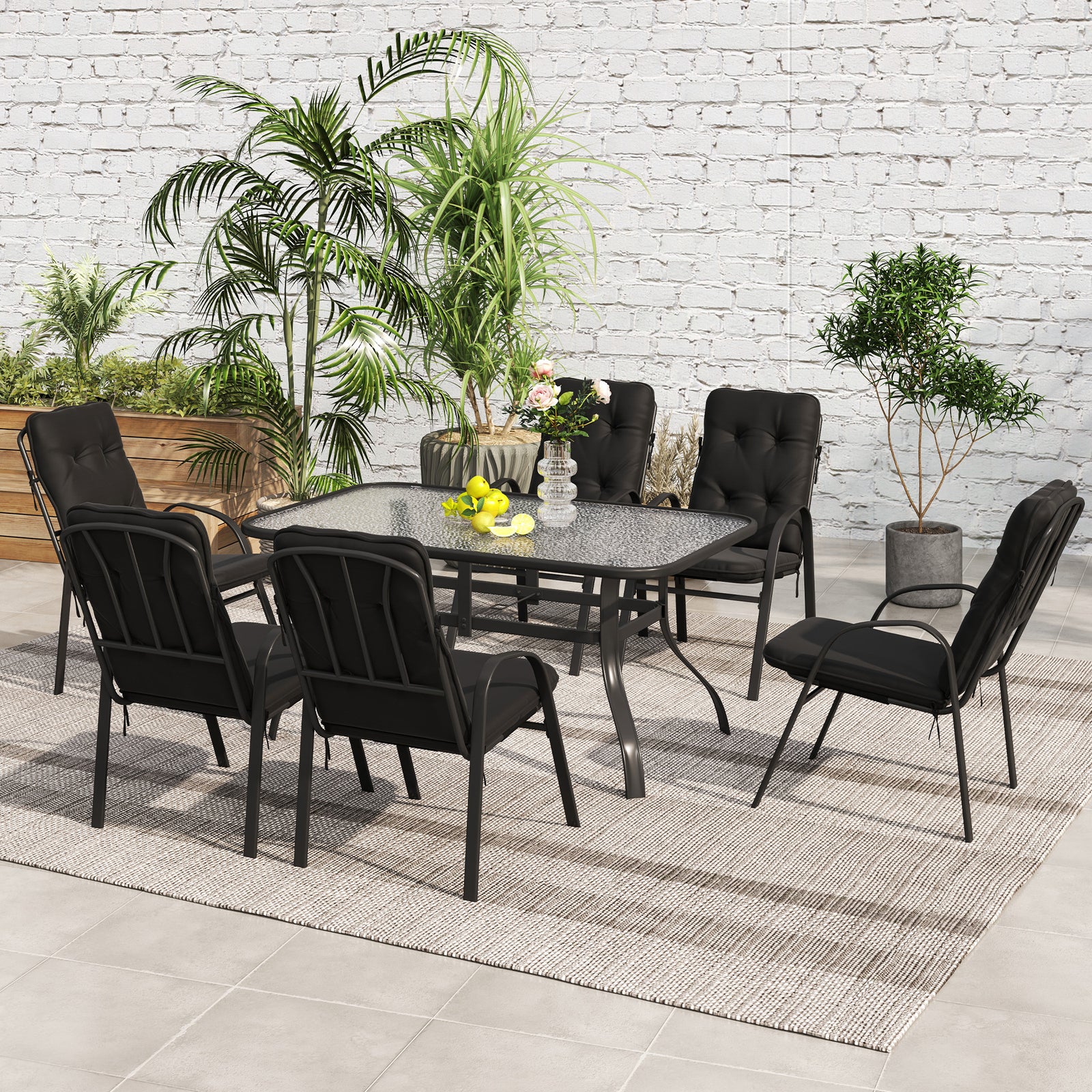 7-piece Dining Set, Rectangular Table & 6 Chairs, Black