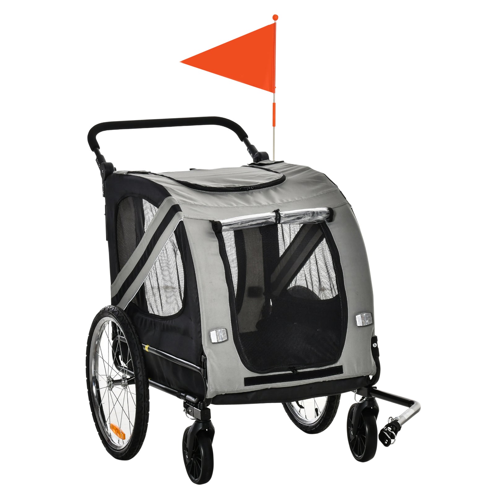 Pawhut 2-in-1 Dog Bike Trailer Stroller W/ Universal Wheel Reflector Flag | Gray