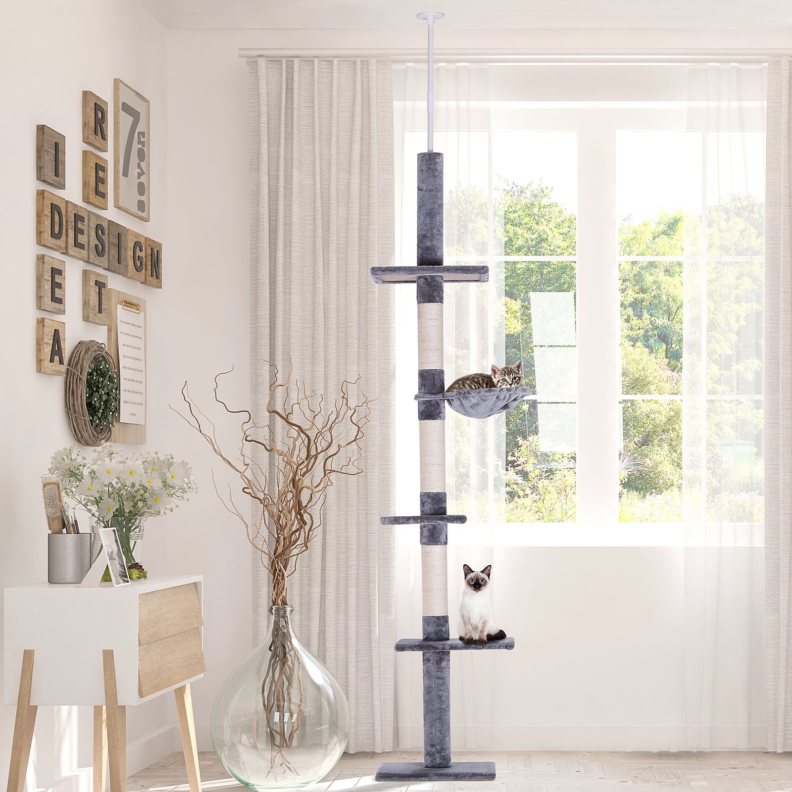 Floor To Ceiling Cat Tree For Indoor Cats 5-tier Kitty Tower | Gray