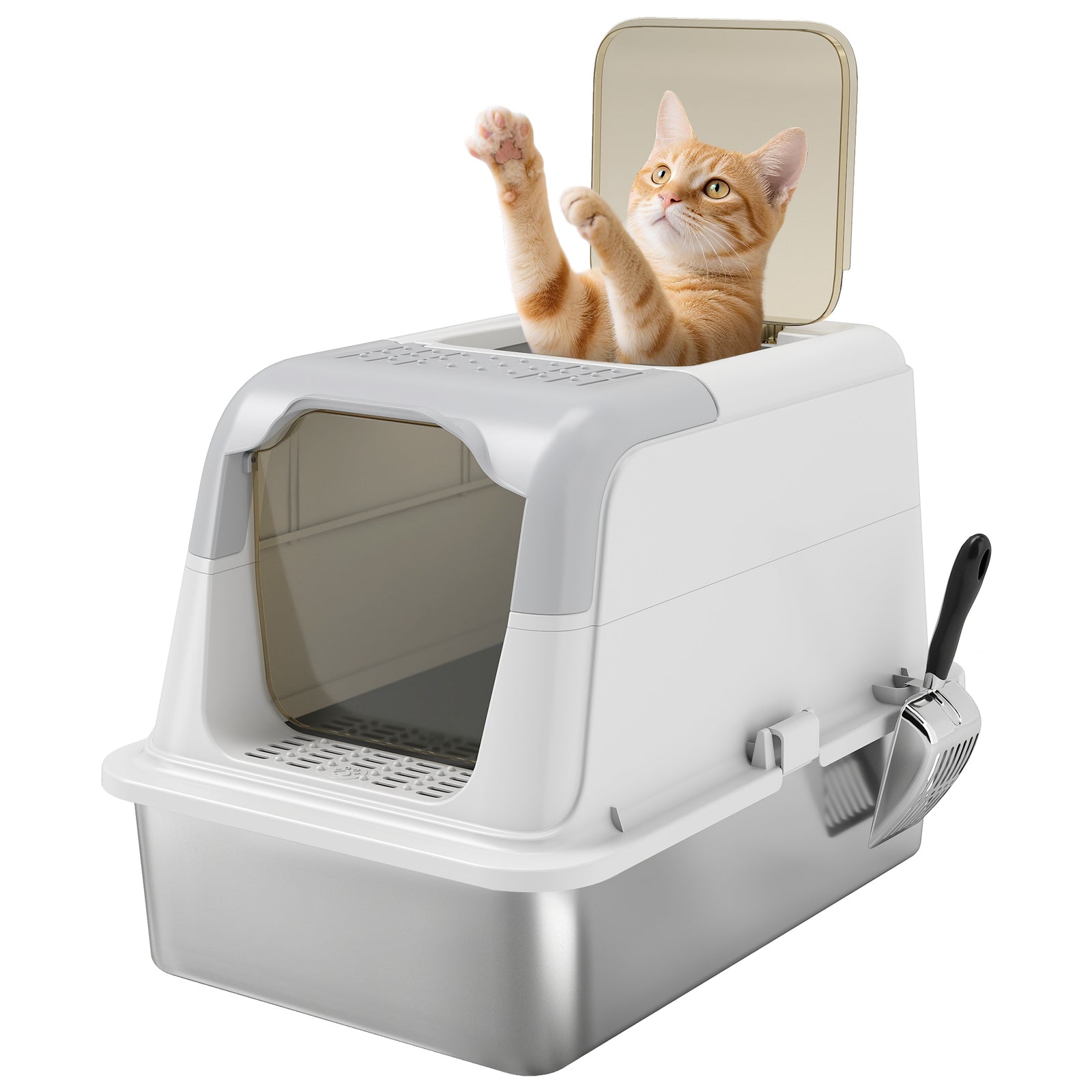 Stainless Steel Litter Box, Enclosed Metal Litter Tray With Scoop