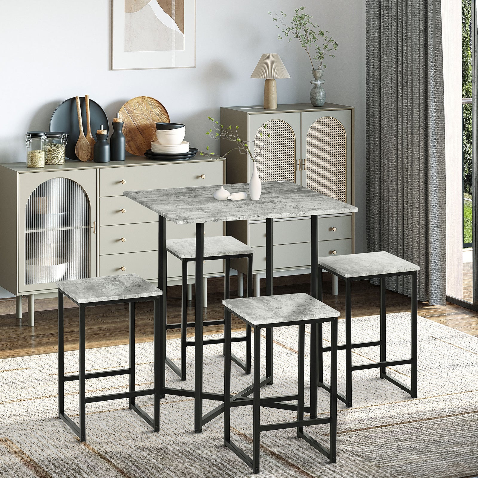 Square Bar Table Set With Stools, Concrete Effect