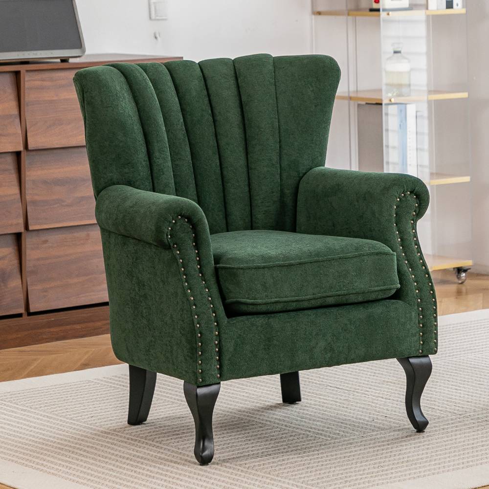 Elegant Chenille Armchair With Rubberwood Legs | Green