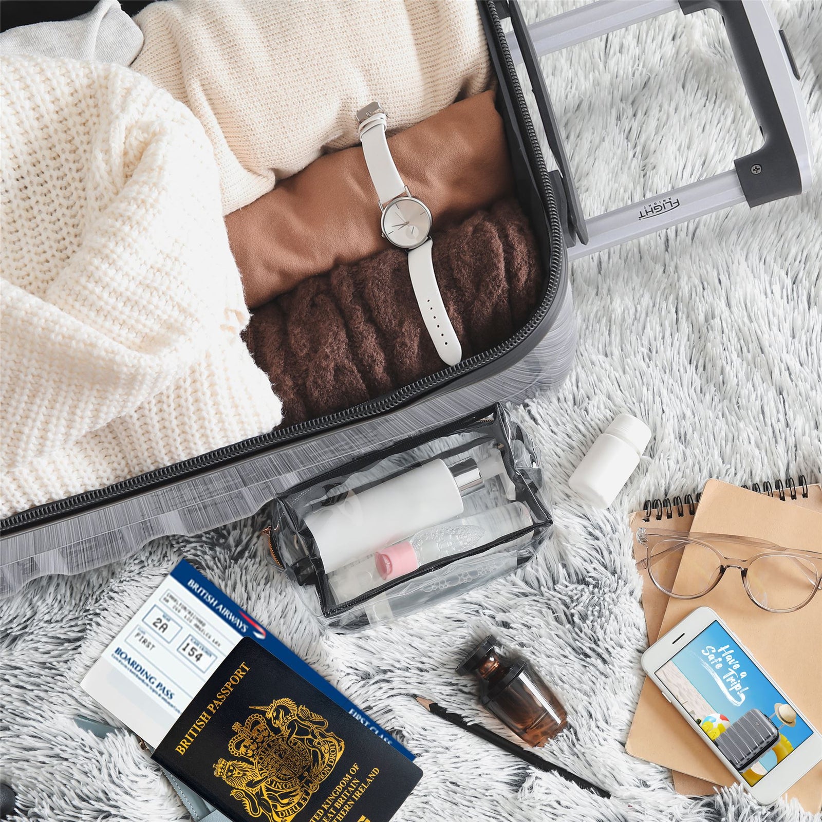 55x35x20cm Cabin Carry On Suitcase Hard Shell Overhead Luggage 100+ Airlines Approved | Cabin | Silver Grey