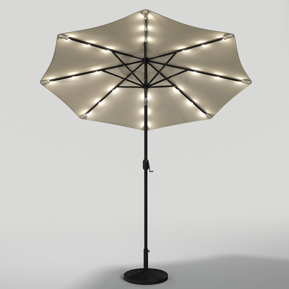 3m Outdoor Patio Parasol – Solar-powered Umbrella With 24 Led Lights, Tilt & Crank Handle, With Round Base | One Size | Beige