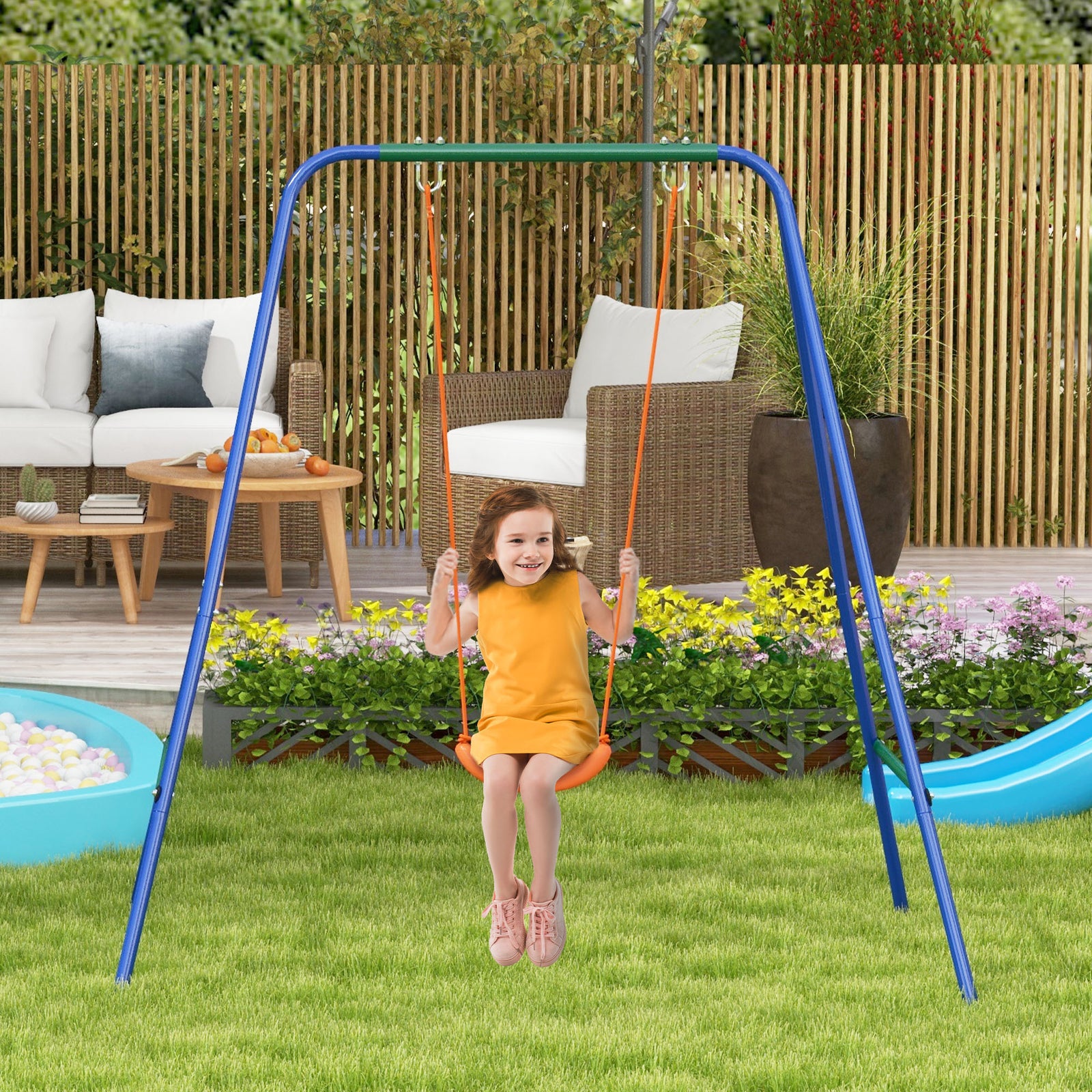 Garden Swing Set For Toddlers W/ Safety Belt - Orange And Blue