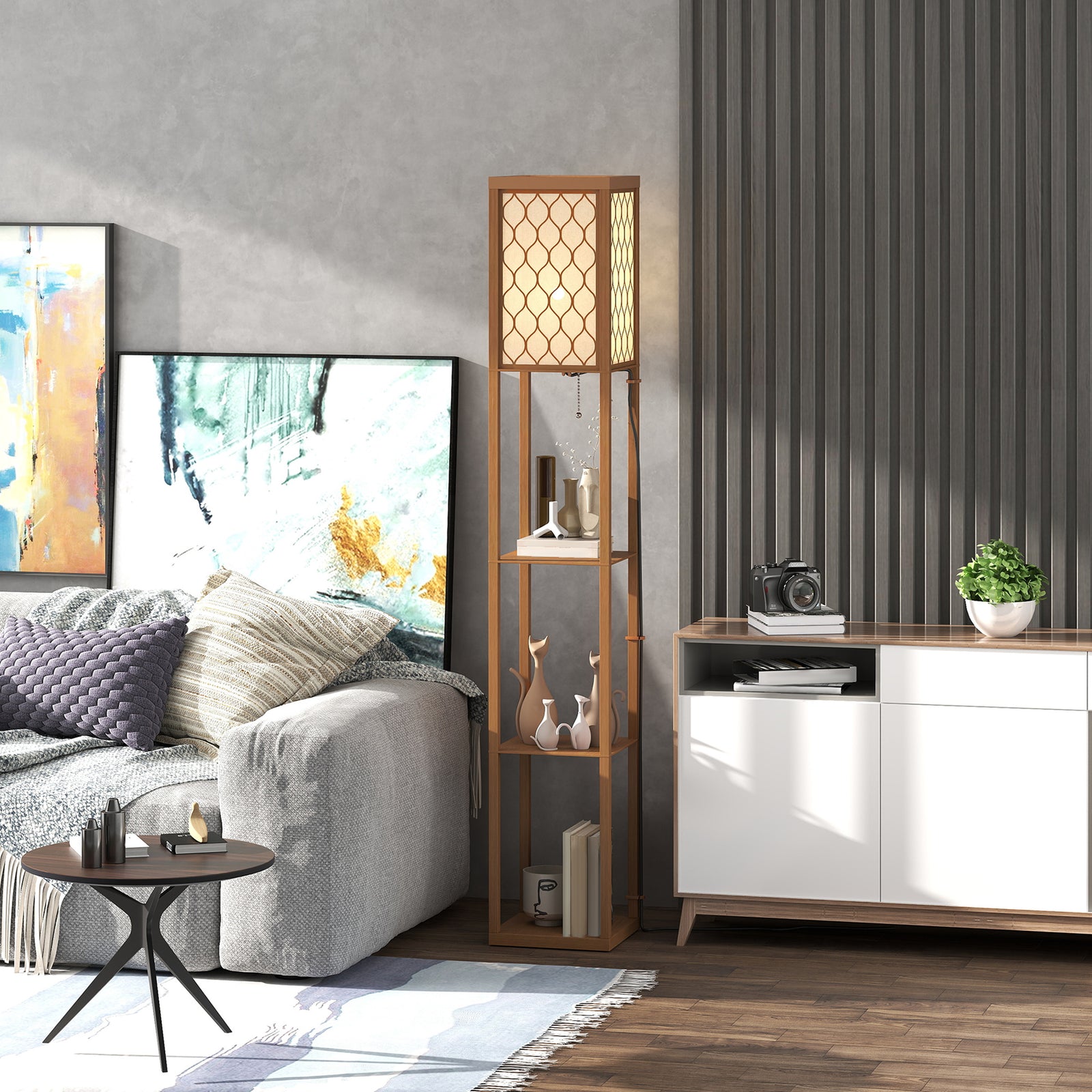 Modern Floor Lamp Light With 3 Shelves Fabric Lampshade | Natural