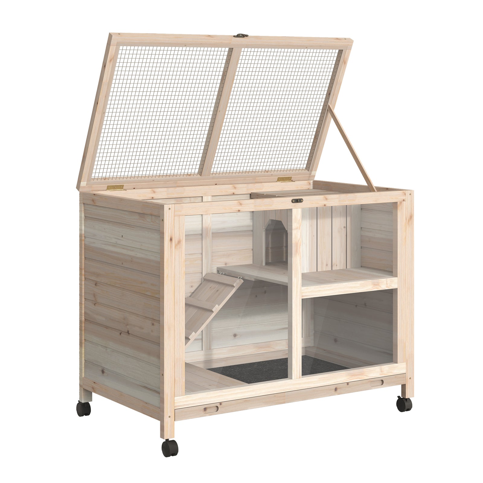 Wood Rabbit Hutch Bunny Cage Pet House Indoor W/ Tray Ramp | Brown
