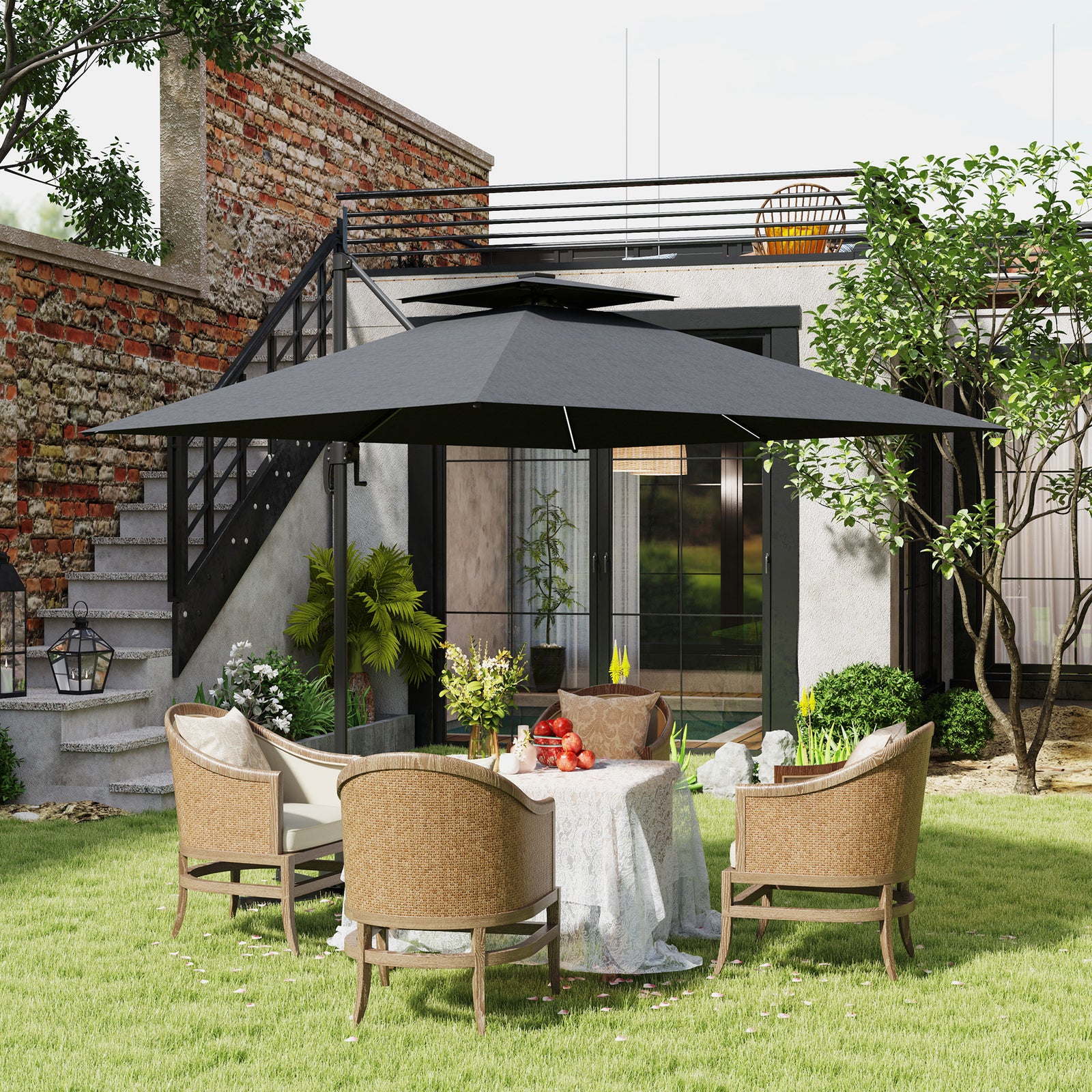 2.5m Cantilever Parasol, Solar Led Lights, Double Top | Dark Grey