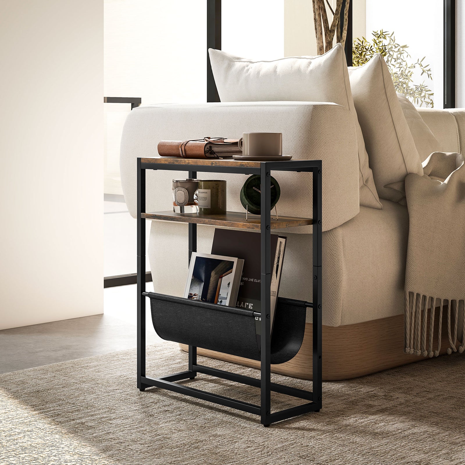 HOMCOM Narrow Side Table with 3-Tier Storage 43 x 18 x 56 cm Rustic Brown