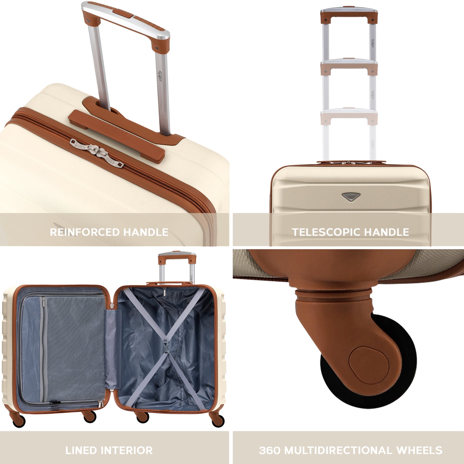 56x45x25cm Large Cabin Carry On Case - Overhead Luggage Suitcase - 4 Spinner Wheels - Abs Shell | 56 x 45 x 25cm | Cream