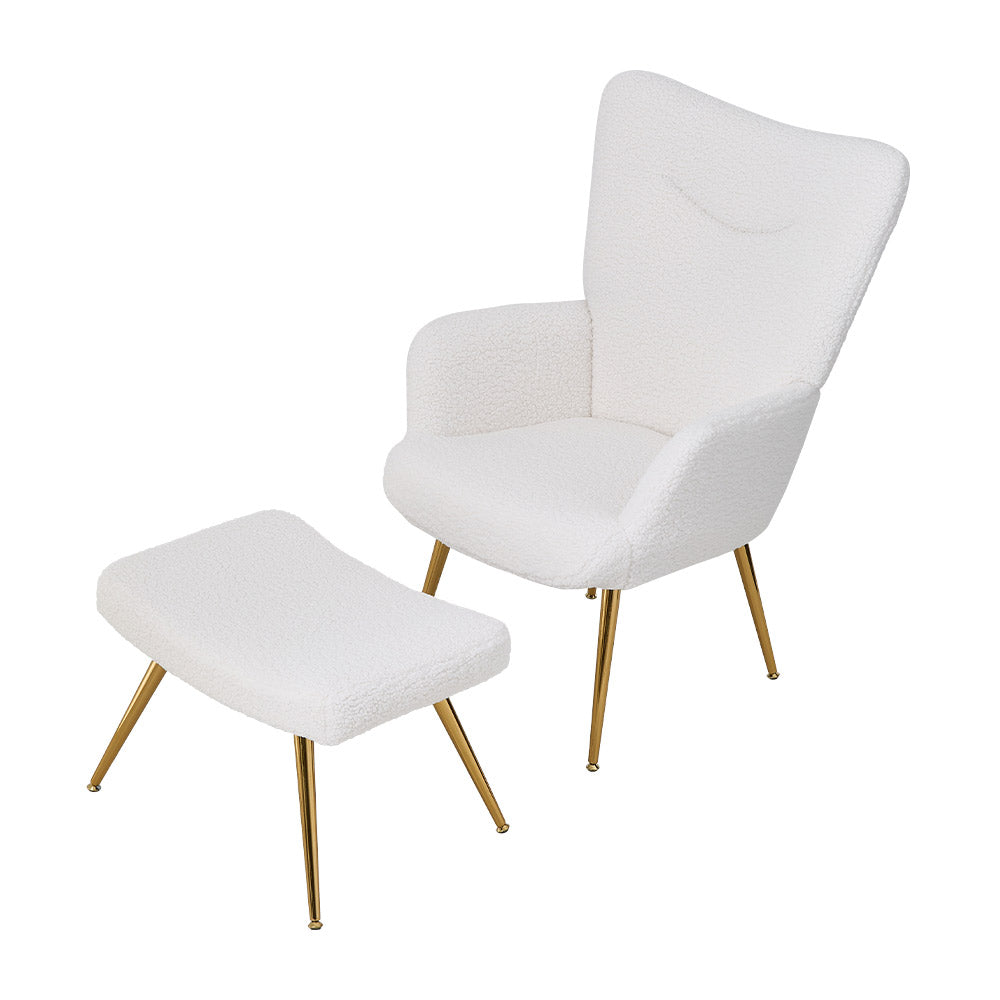 Accent Chair With Footstool Set – Sherpa Fleece Upholstered Armchair With Gold Metal Stool