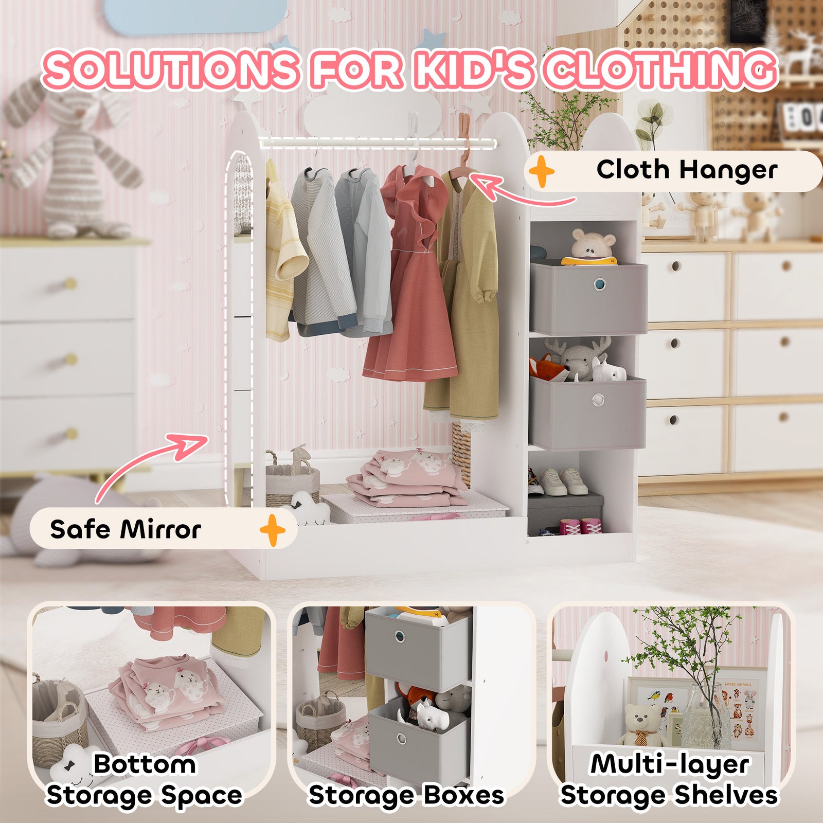Kids Cloth Rail With Storage Shelf, Boxes, Mirror For Bedroom | White