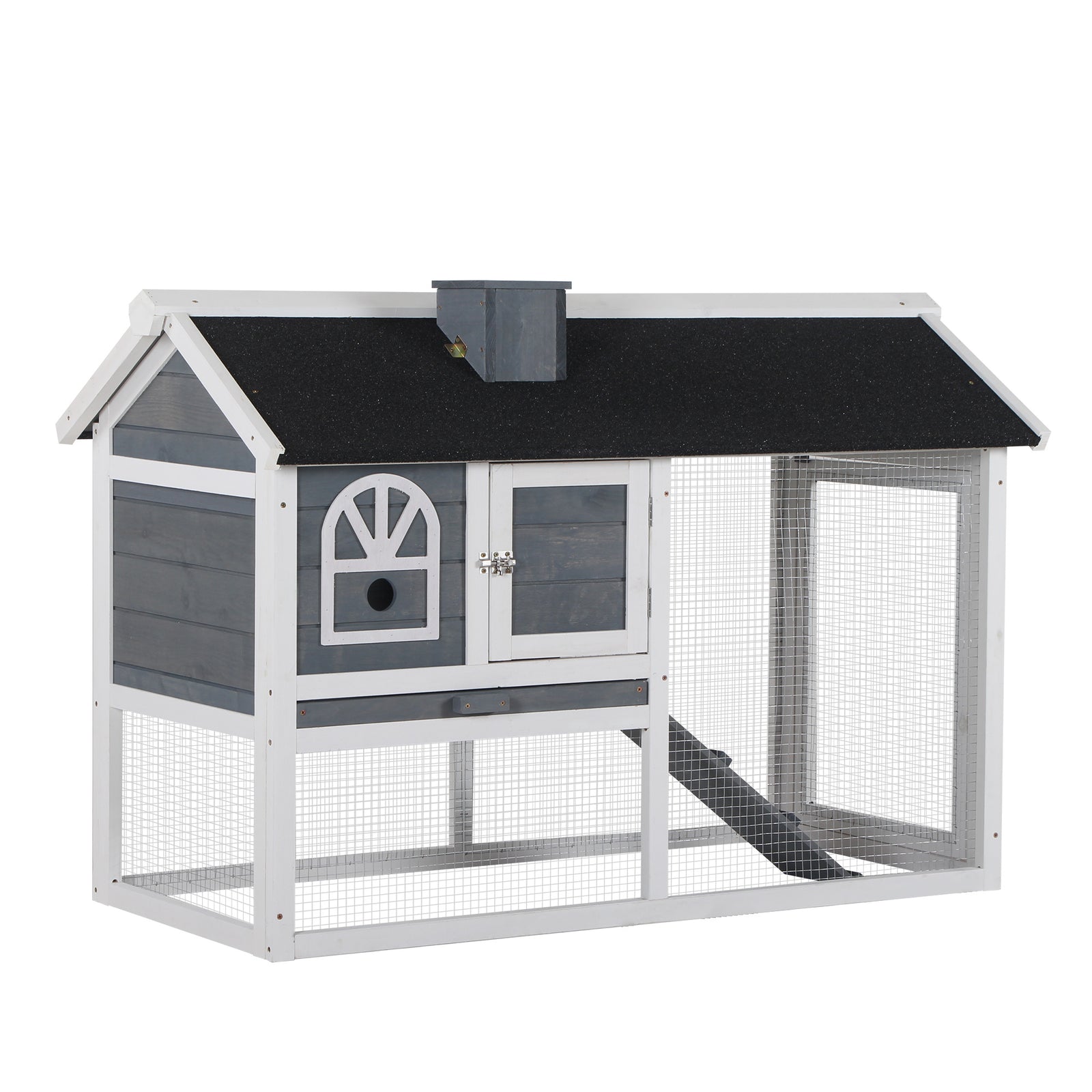 Rabbit Hutch Wood Bunny Cage For Outdoor Indoor W/ Pull Out Tray Ramp | Gray