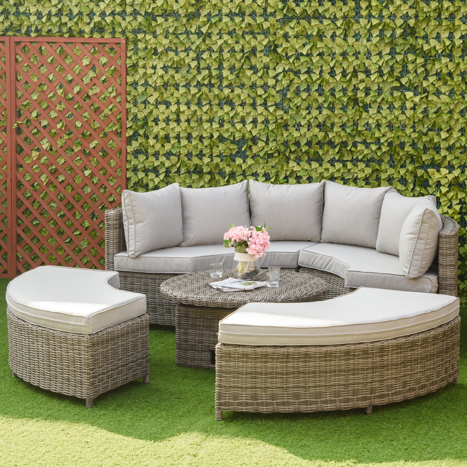 5 Pcs Rattan Lounge Chair Daybed Table W/ Cushion