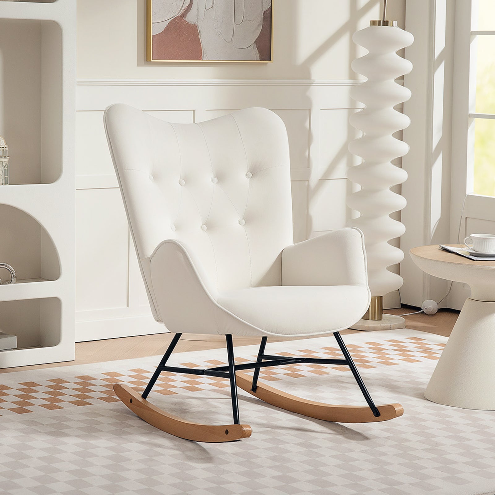 Upholstered Velvet Rocking Chair With Solid Wood Legs, Cream