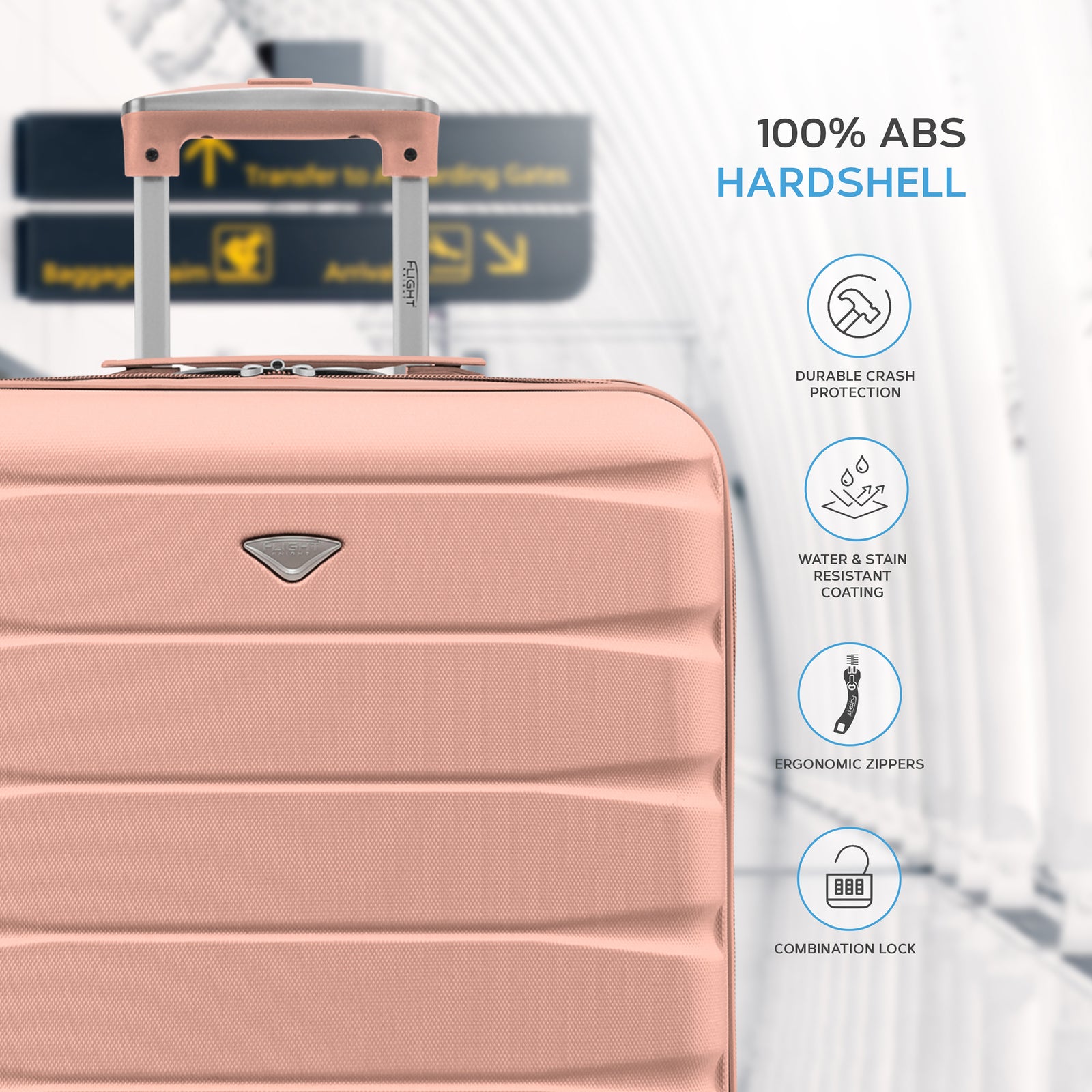 56x45x25cm Large Cabin Carry On Case - Overhead Luggage Suitcase - 4 Spinner Wheels - Abs Shell | 56 x 45 x 25cm | Rose Gold