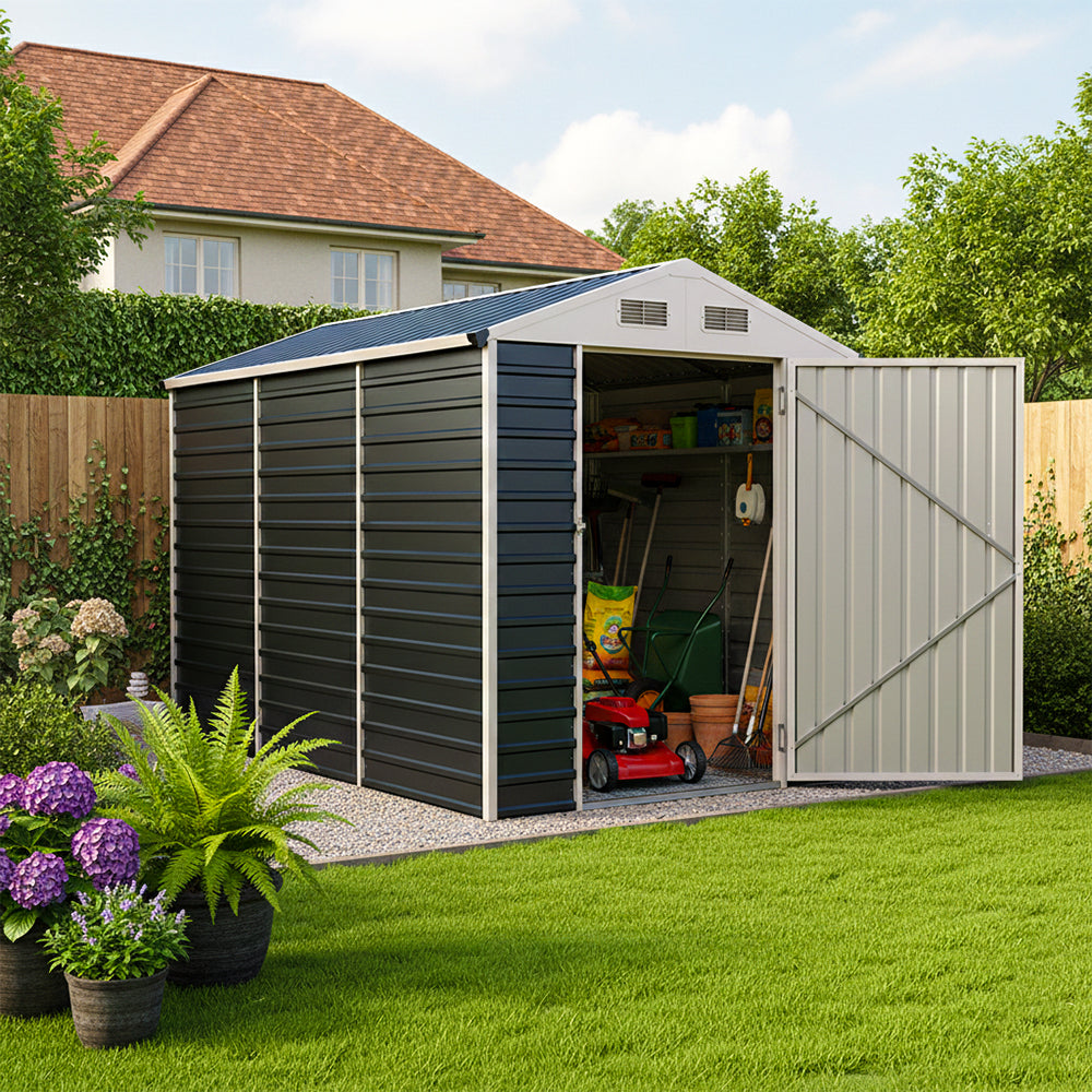 6x8 Ft Heavy-Duty Metal Apex Roof Garden Storage Shed – Durable Steel Frame, 4 Vents & Lockable Door Outdoor Tool House