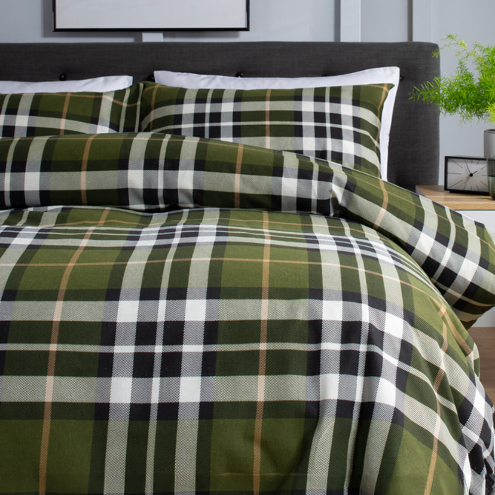 Fergus Check Printed Brushed 100% Cotton Bedlinen Duvet Set | King | Green