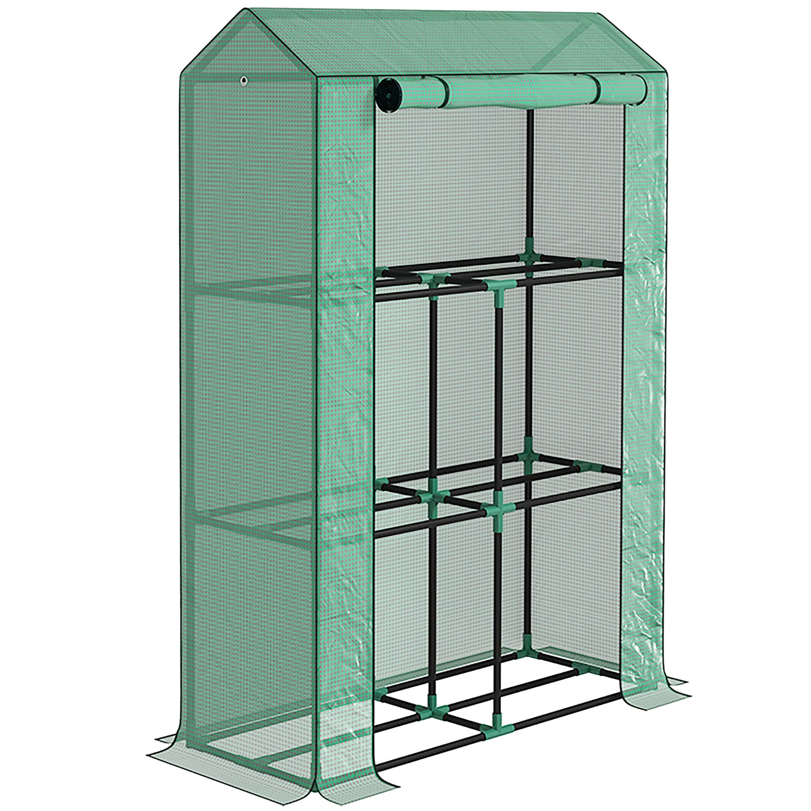 3 Tier Mini Greenhouse W/ Pe Cover, Roll-up Door | Green