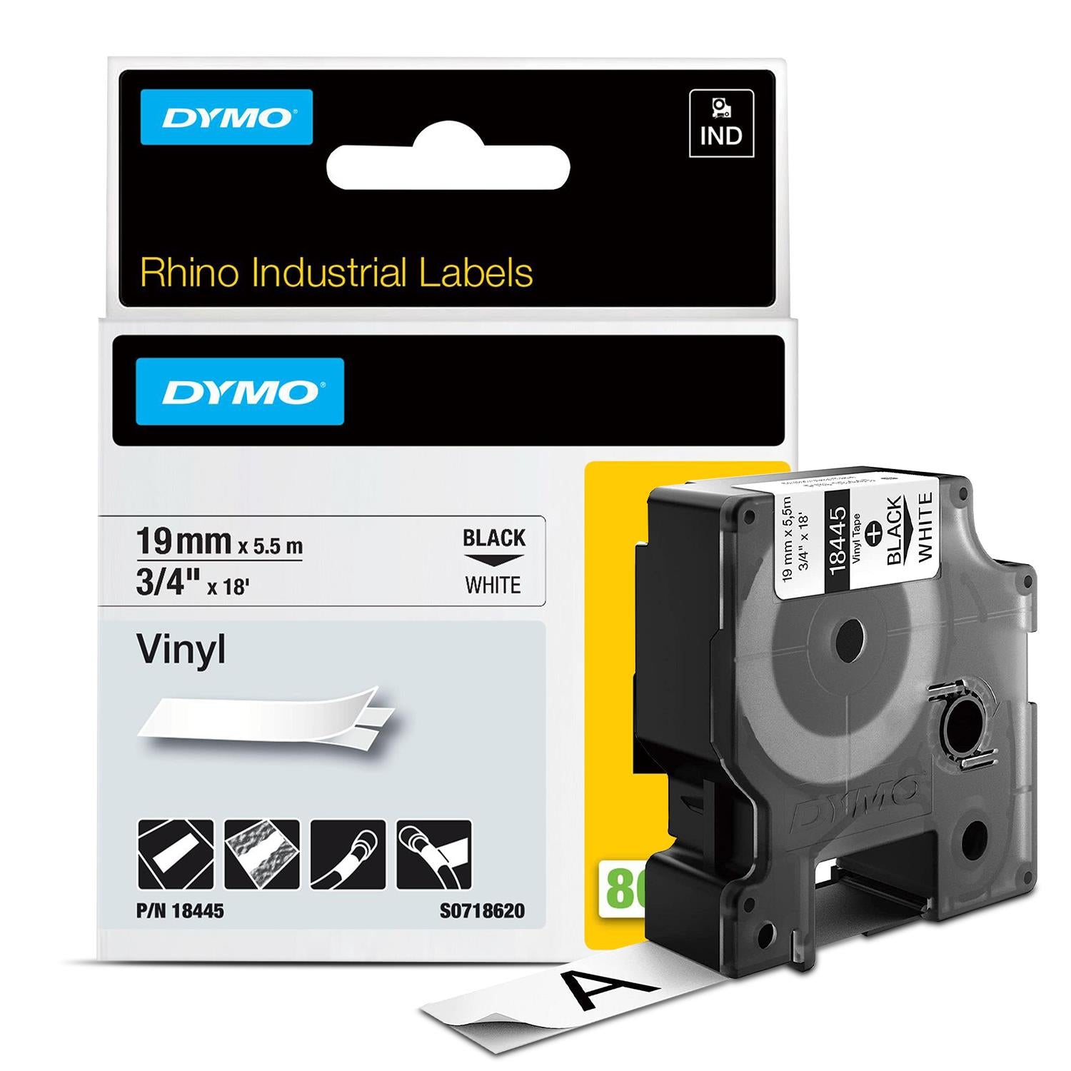 Rhino Vinyl Polyester Labels Industrial 19mm X 5.5m Black Print On White
