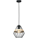 Cliff Black Pendant Lamp 1xe27 Hand Made Matt Black Cage Style Lamps With Natural Wood Detail