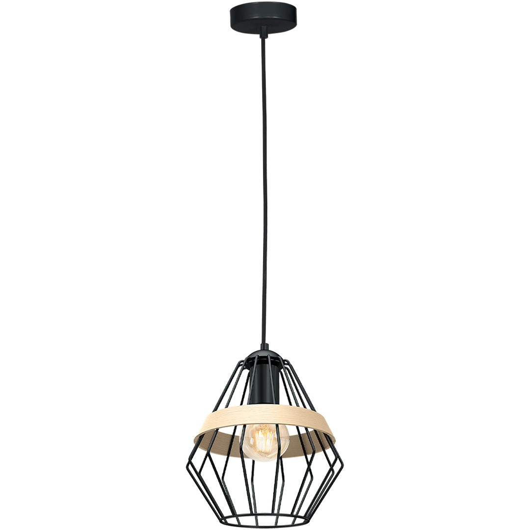 Cliff Black Pendant Lamp 1xe27 Hand Made Matt Black Cage Style Lamps With Natural Wood Detail