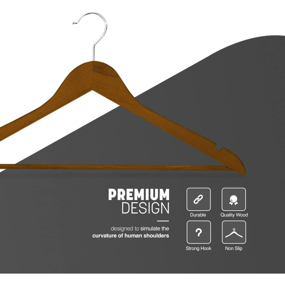 20 Pack Wooden Clothes Hangers With Non Slip Bar | Brown