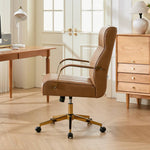 Pu Leather Office Chair With Gold Armrests, Adjustable Height & Tilt, Swivel Base | Brown