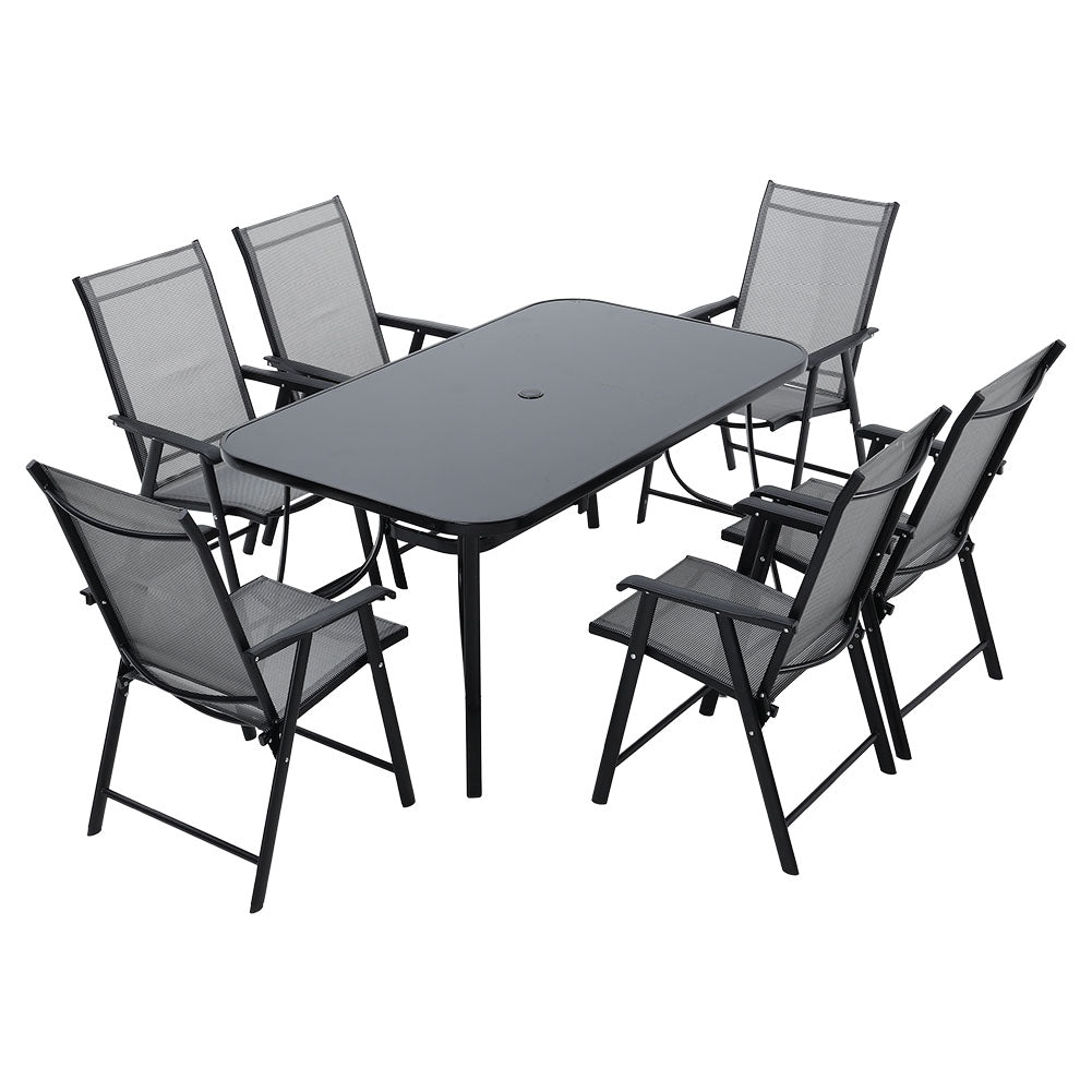 7 Pcs Garden Dining Set Tempered Glass Garden Table With Foldable Chairs
