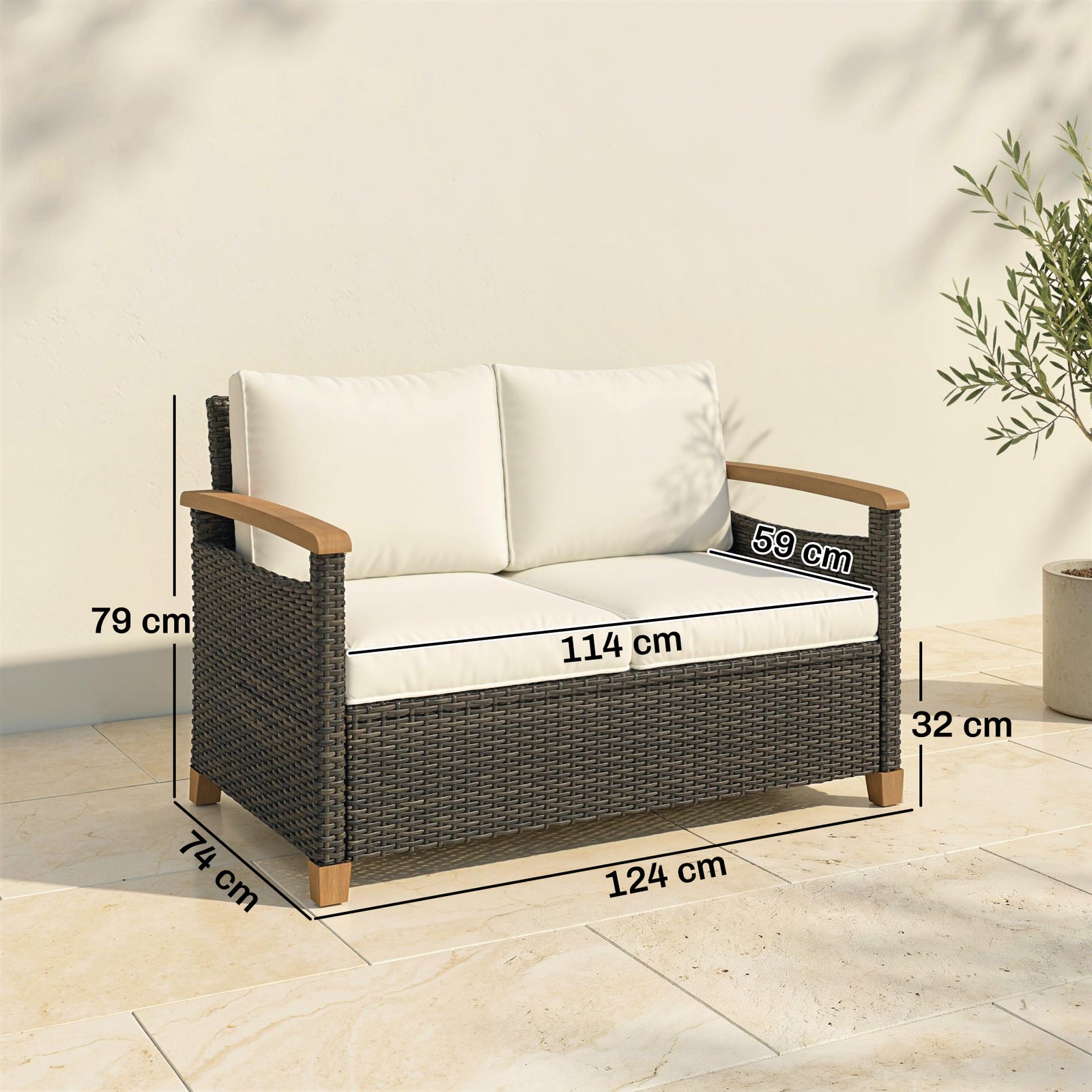 2 Seater Rattan Garden Sofa With Acacia Wood Armrests | Brown