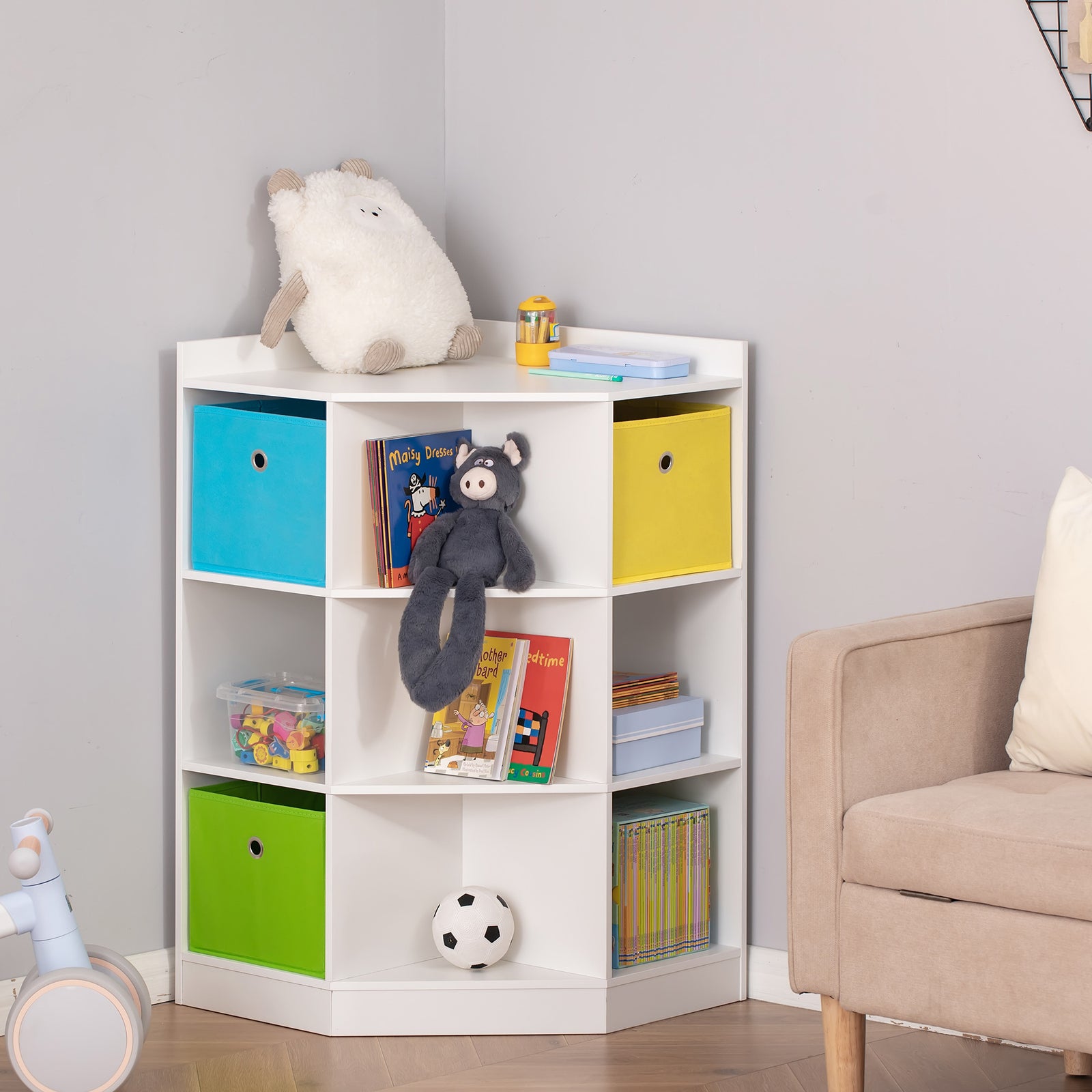 Kids Storage Cabinet Corner Organizer With Anti-tipping Hardware Drawer | White