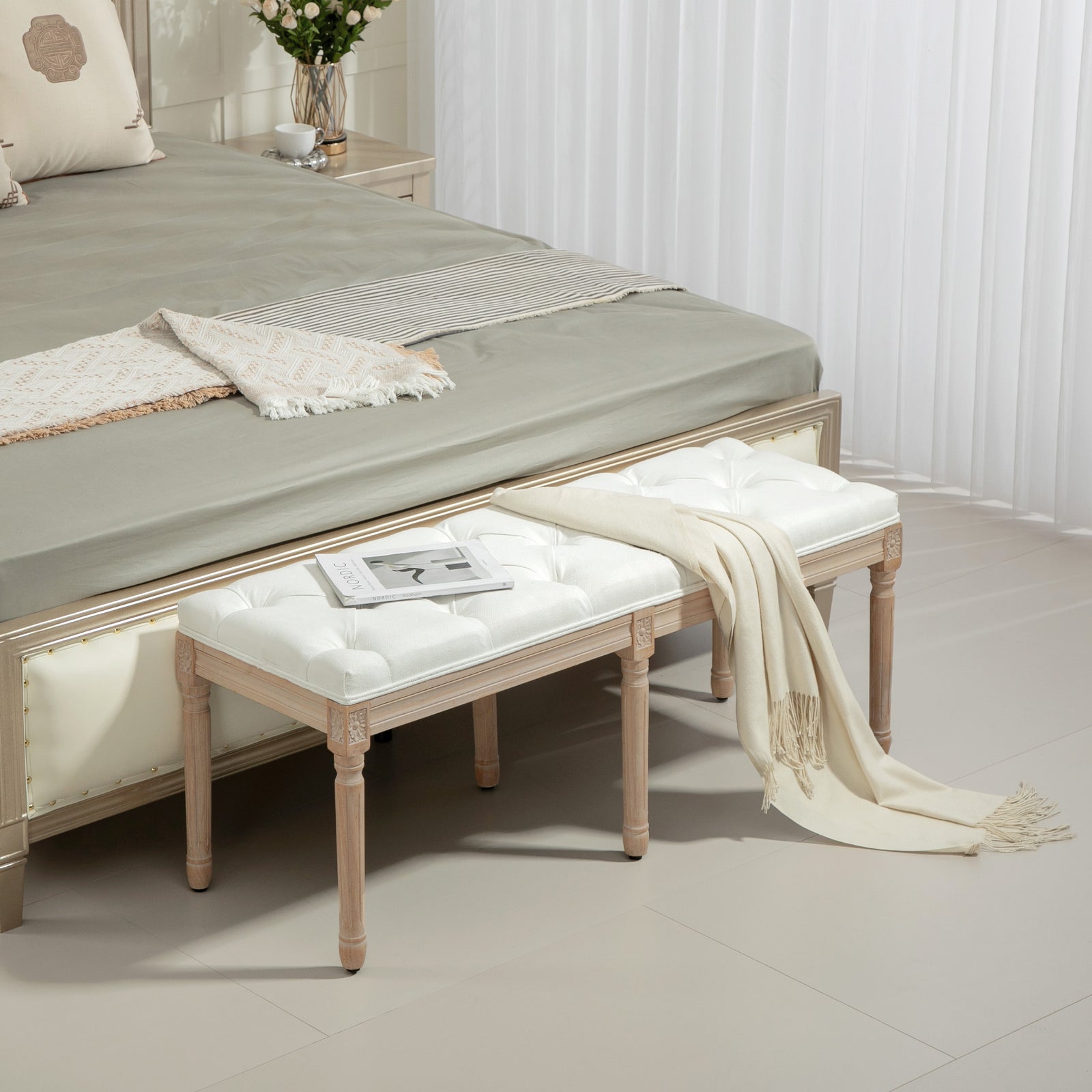 Upholstered End Of Bed Bench, Cream White