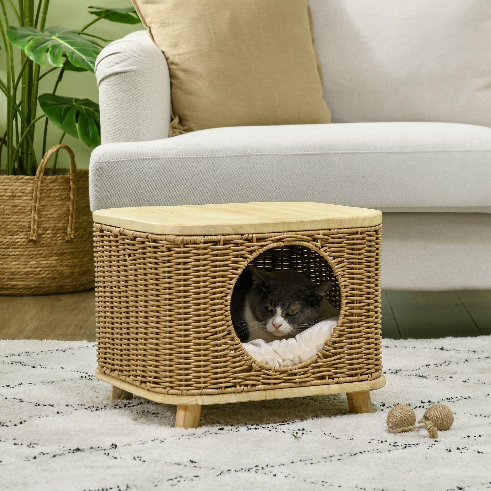 Elevated Design Wicker Cat House With Washable Cushion, Light Brown