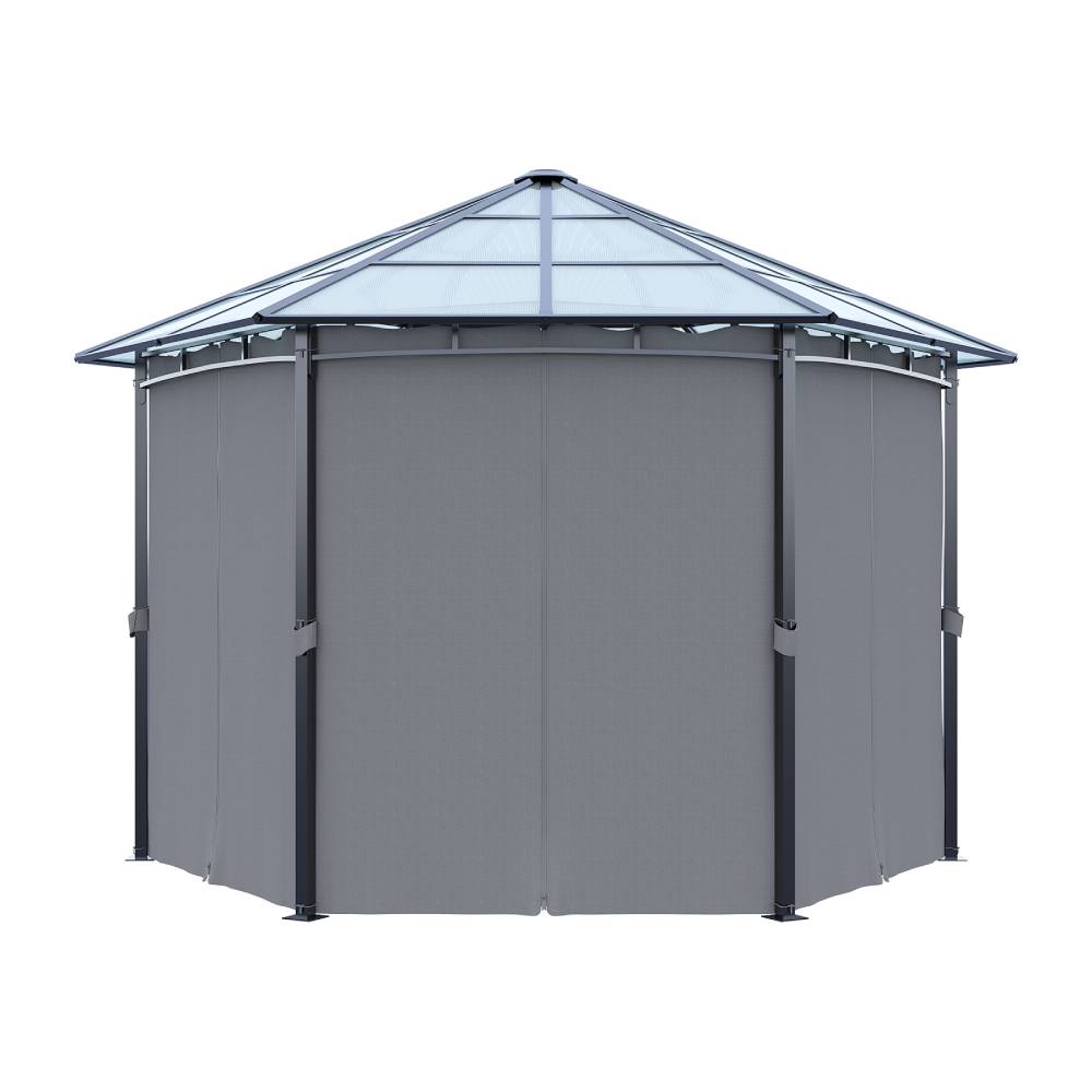 Hexagon Hardtop Gazebo With Curtains, 3.8m Outdoor Metal Frame Pavilion With Semi-transparent Pc Roof For Garden & Patio