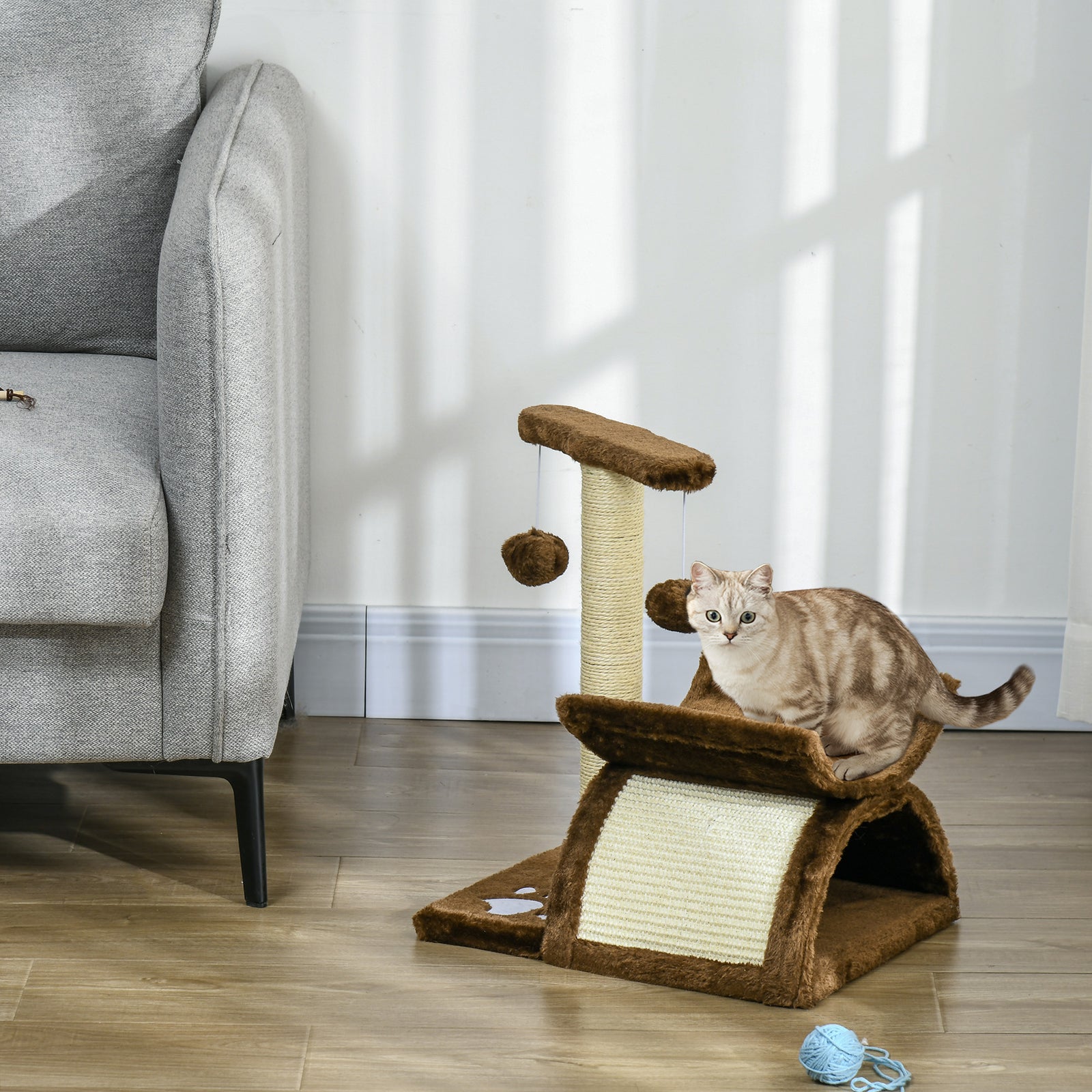 Cat Tree Plush Scratcher Kitty Activity Play Centre Tunnel Dangling Ball | Brown