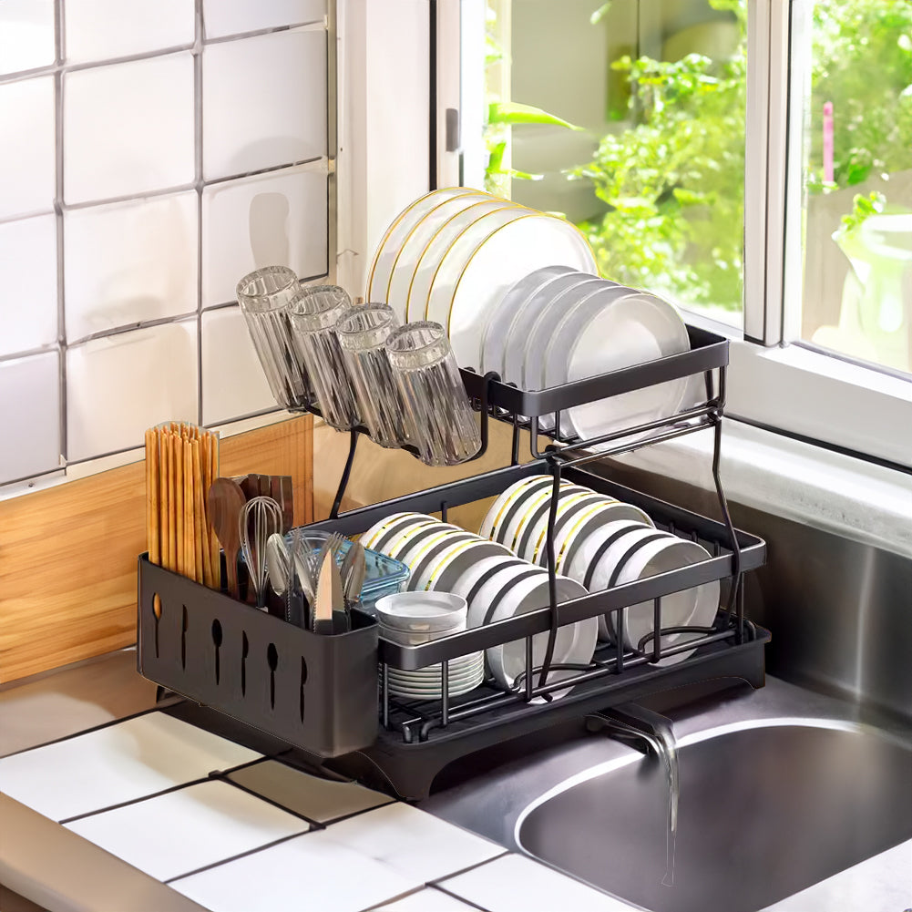 Steel Dish Rack With Utensil And Glass Holder