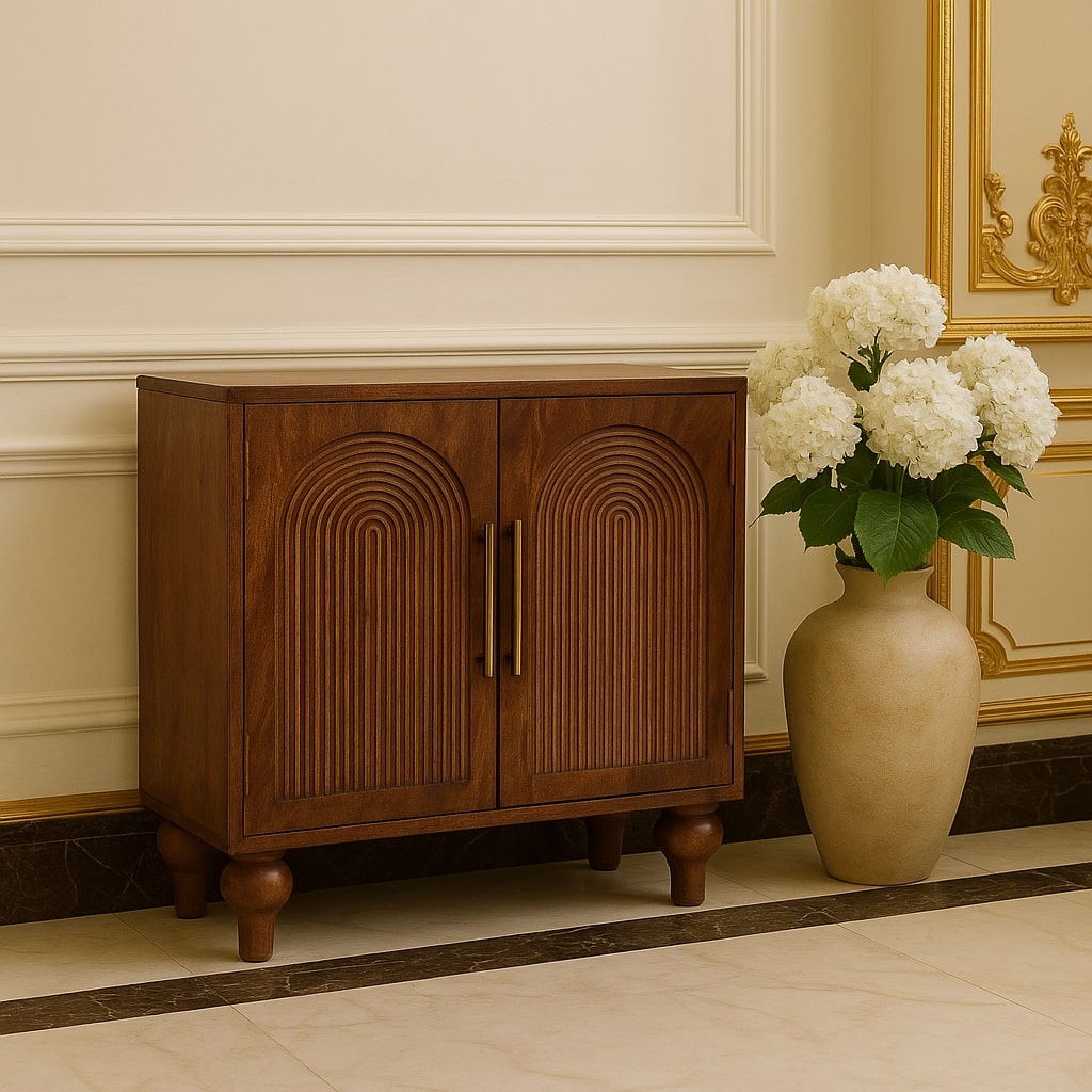 Solid Wood Arco Groove Sideboard, 2 Doors And 2 Shelves, Dark Brown
