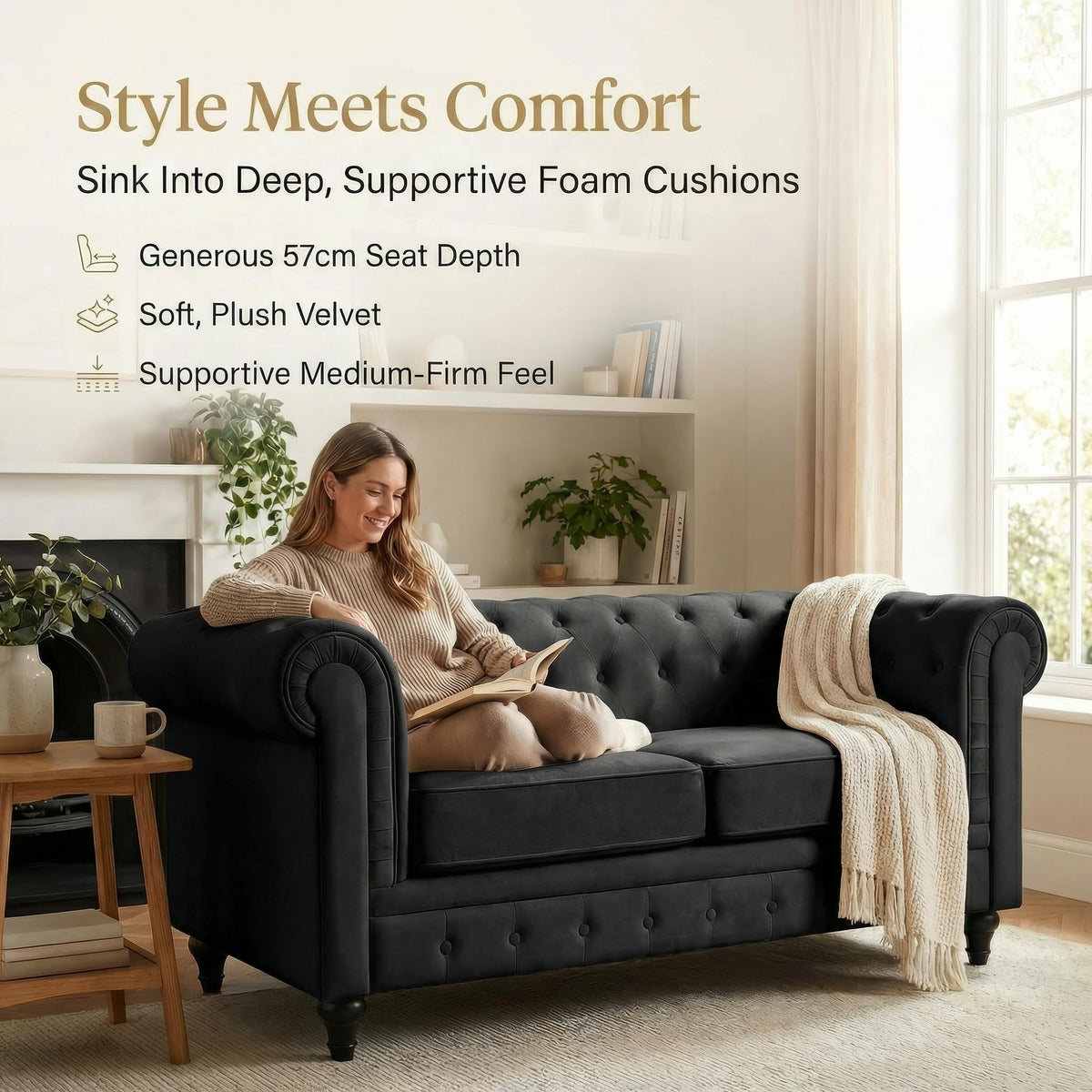 Chesterfield Scroll Arm Velvet Sofa 2 Seater | Black