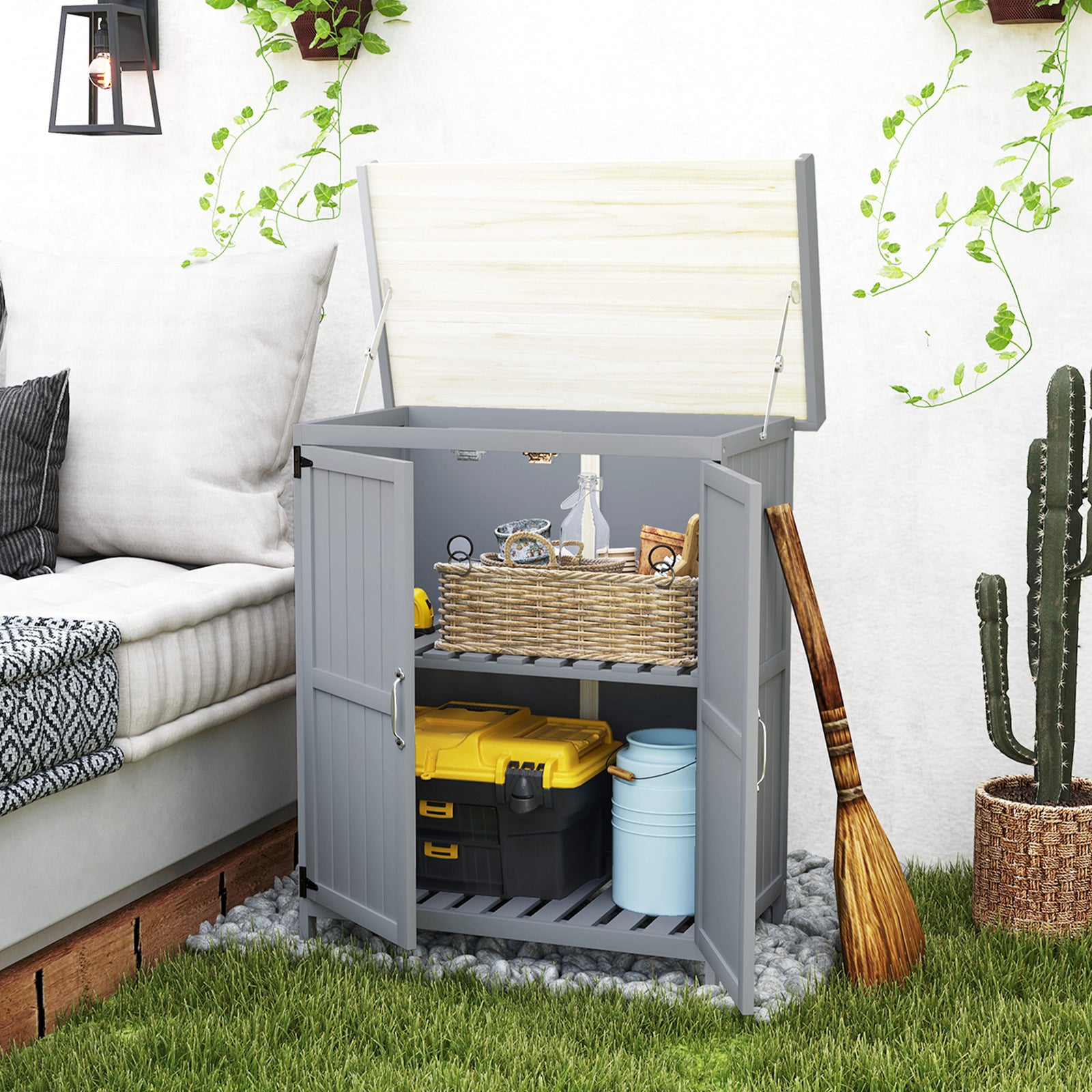 Wooden Garden Storage Shed W/hinged Roof And Shelf