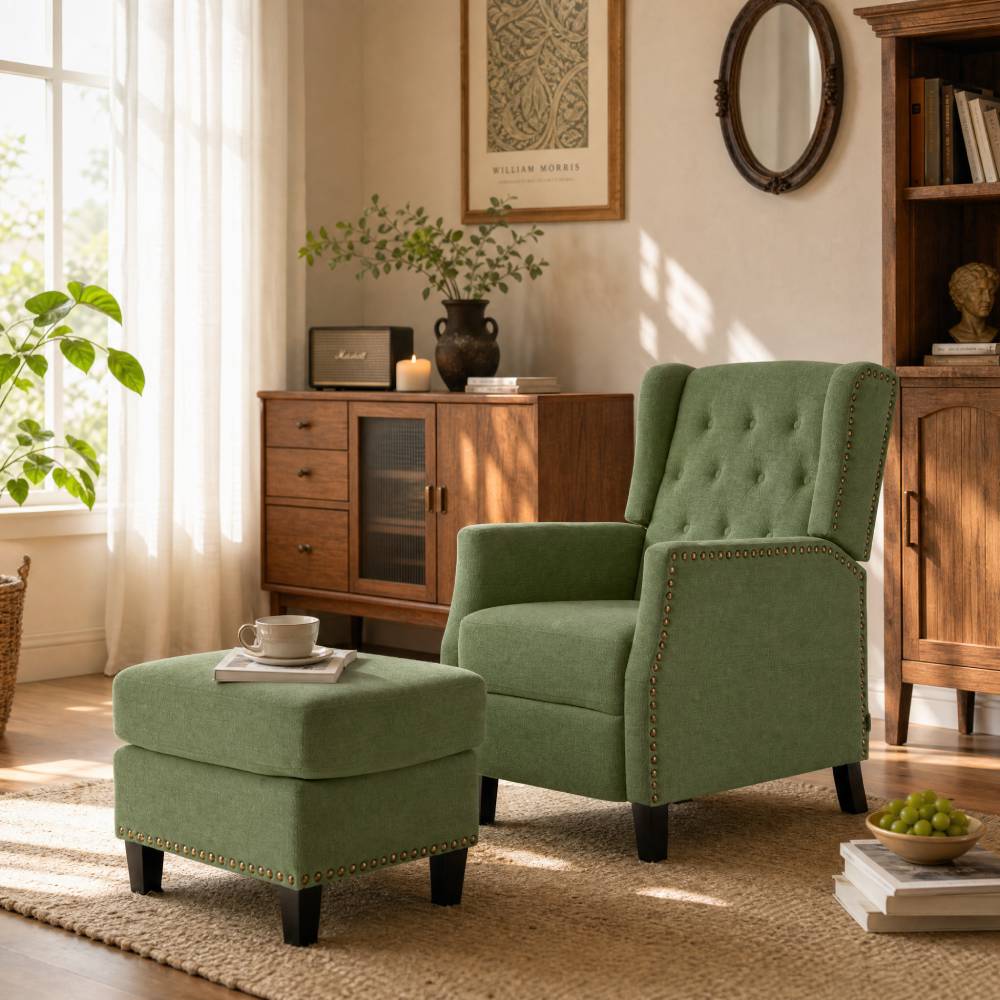 Fabric Upholstered Sofa Pushback Reclining Chair Armchair With Footstool | Green