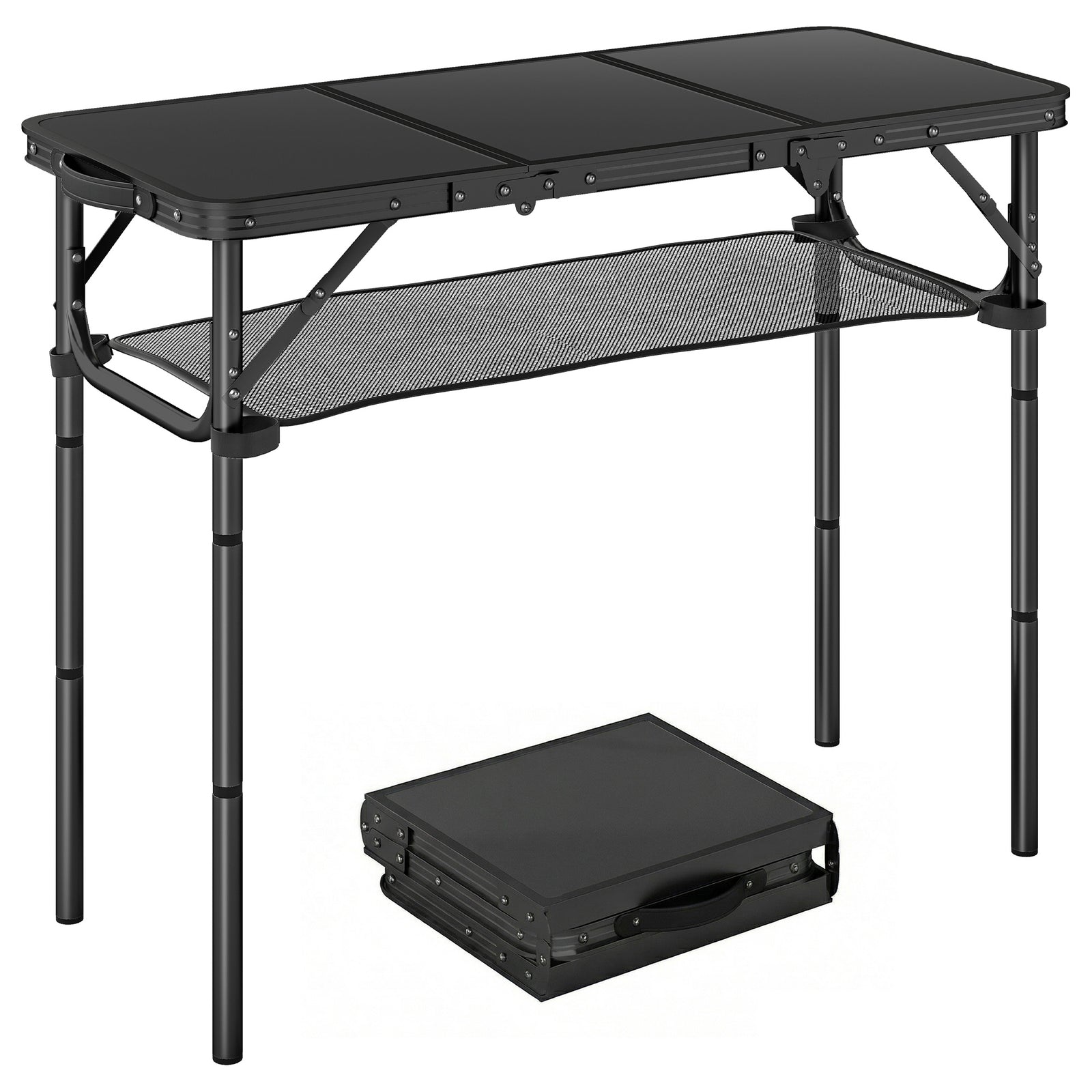 3ft Folding Camping Table, Picnic Table With Storage Layer | Black