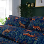 Fox And Deer Navy 200 Thread Count Cotton Rich Reversible Duvet Cover Set | Super King | Navy Blue