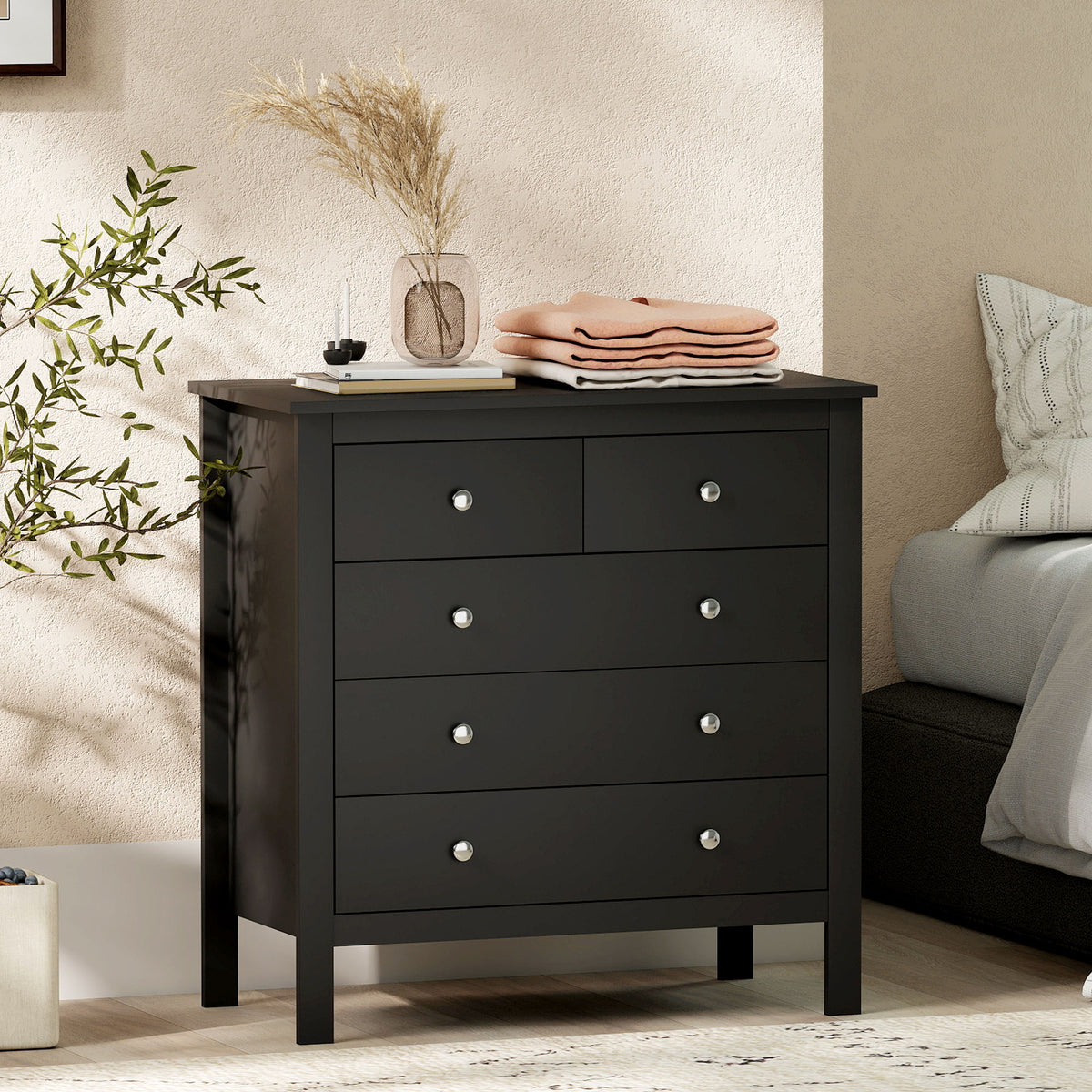 HOMCOM Modern Chest Of Drawers, 5 Drawer Unit Storage Chest For Bedroom, Black