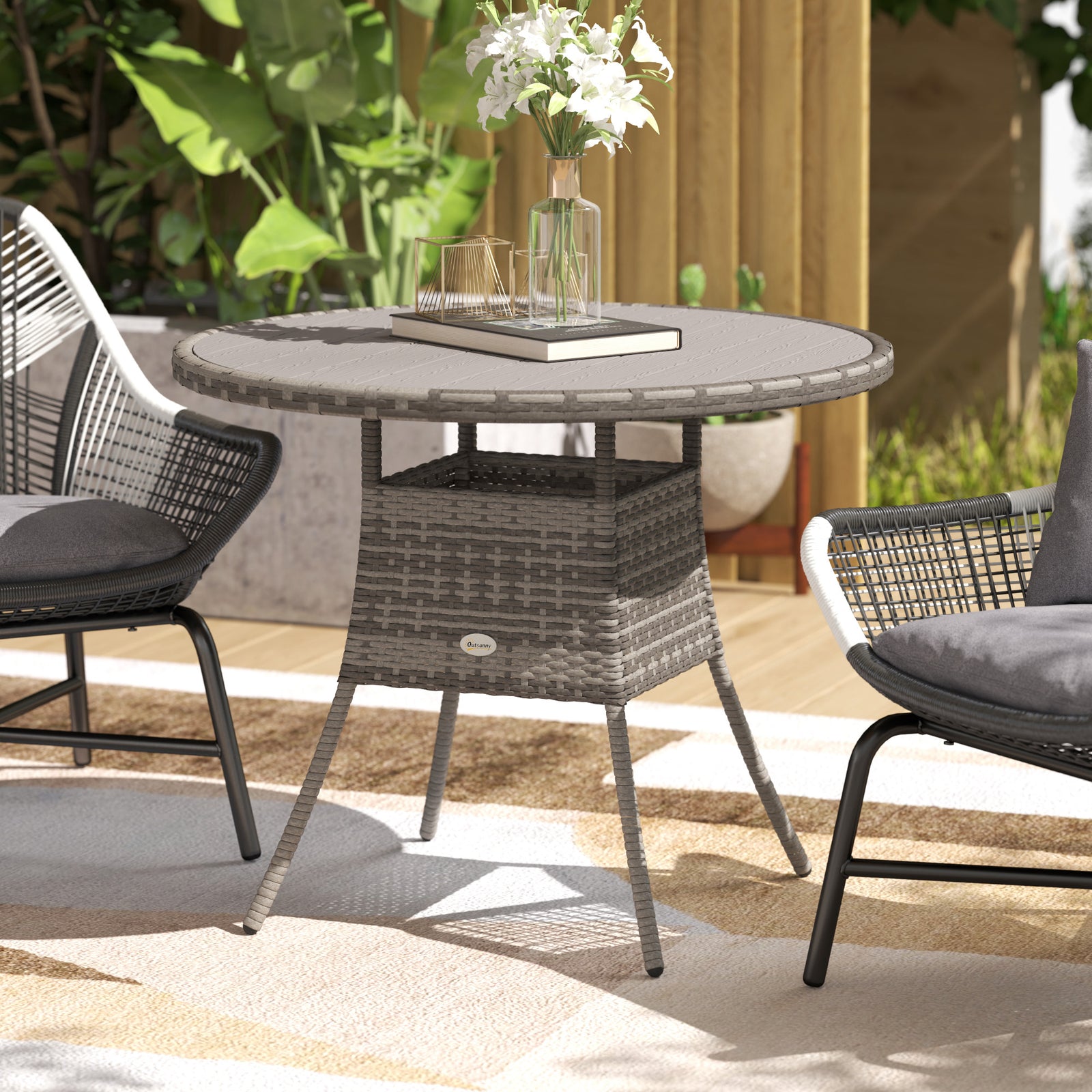 Outdoor Pe Rattan Dining Table W/ Wood-plastic Composite Top