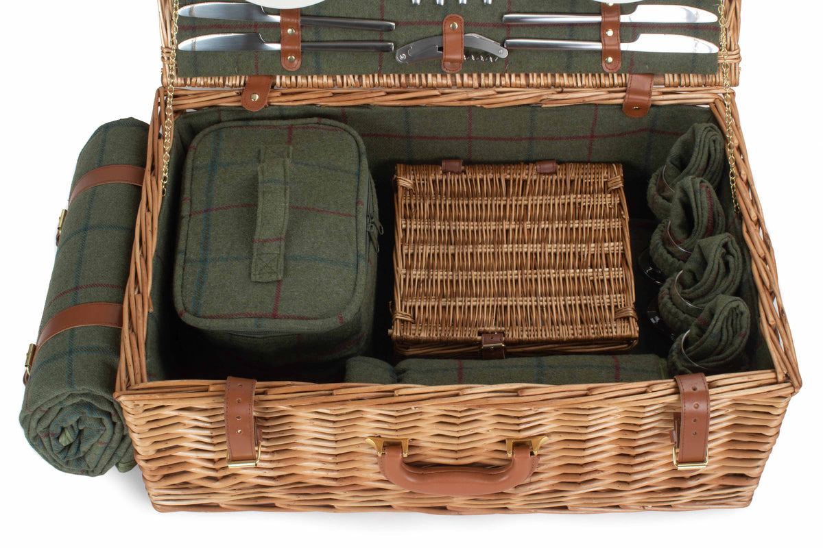 Deluxe Green Tweed Fitted Picnic Wicker Basket | 4 Person | Green