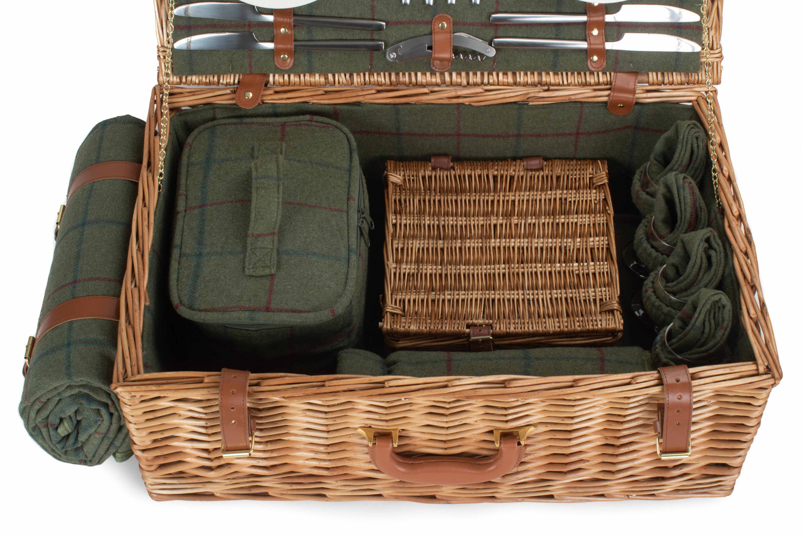 Deluxe Green Tweed Fitted Picnic Wicker Basket | 4-Person | Green